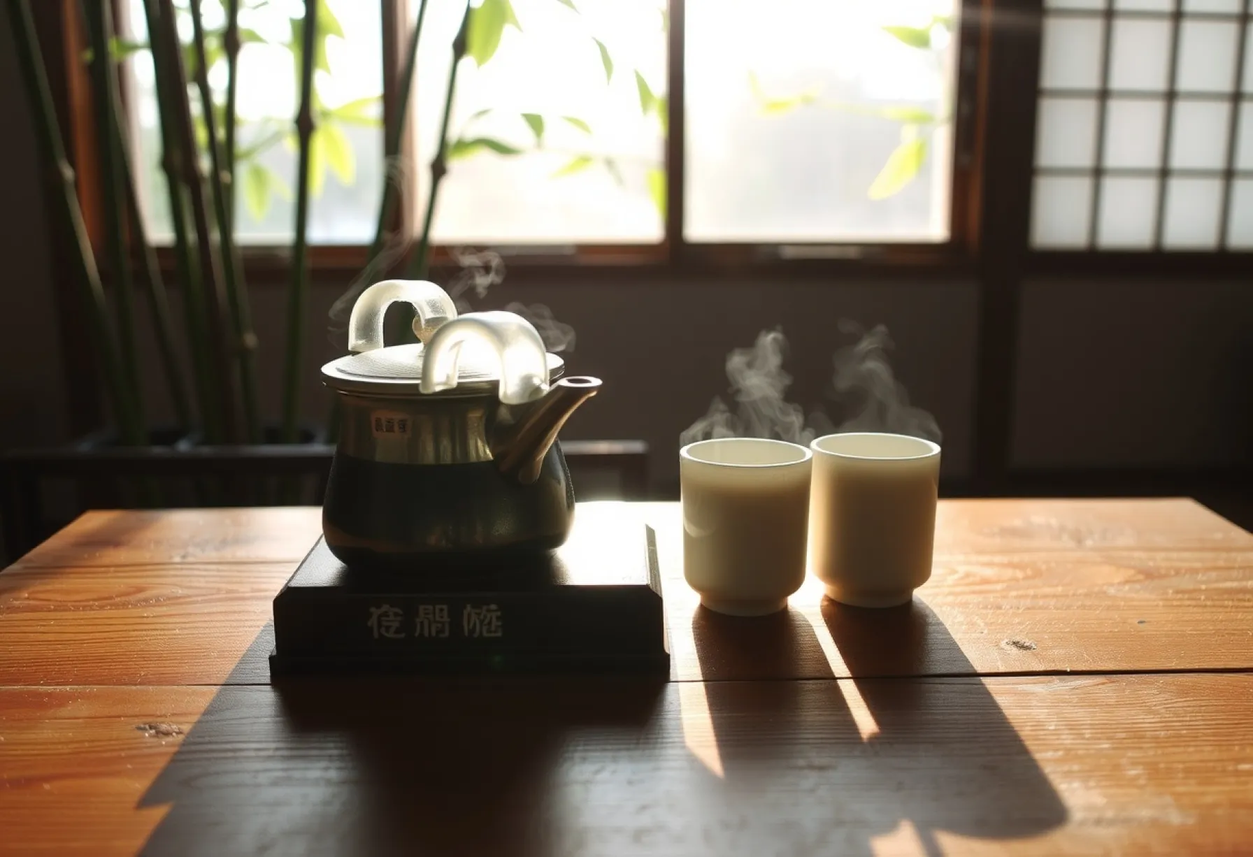 Traditionelle japanische Teeszene mit gusseisernem Teekessel und Keramiktassen auf Holztisch