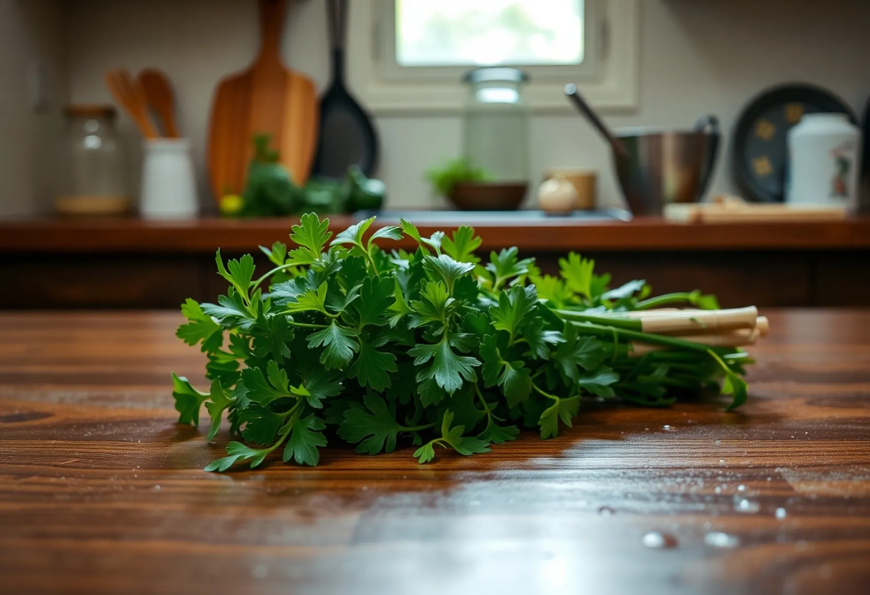 Frische Korianderblätter auf dunkler Holzoberfläche in Küchenumgebung