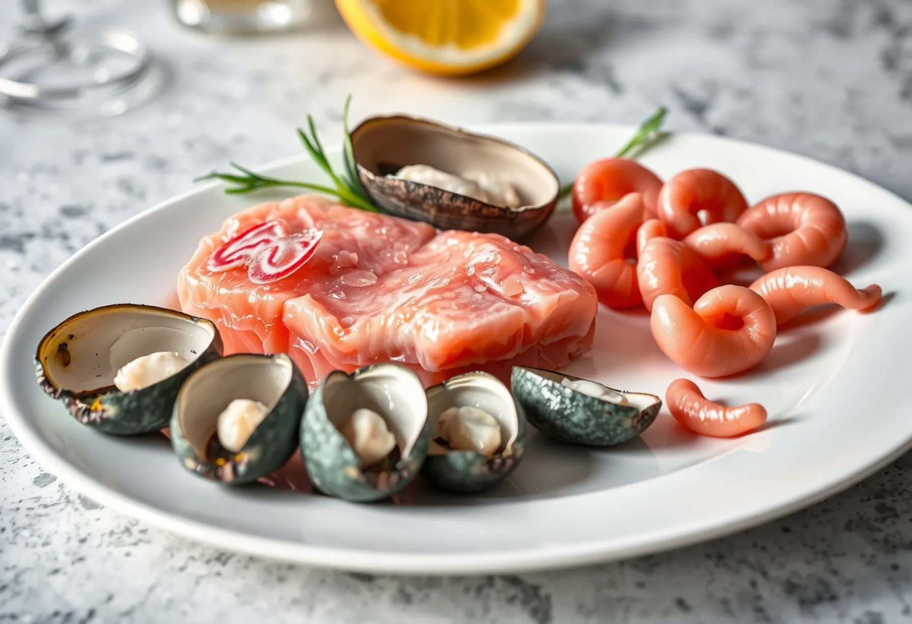 Präzise Präsentation von Meeresfrüchten auf weißem Porzellanteller