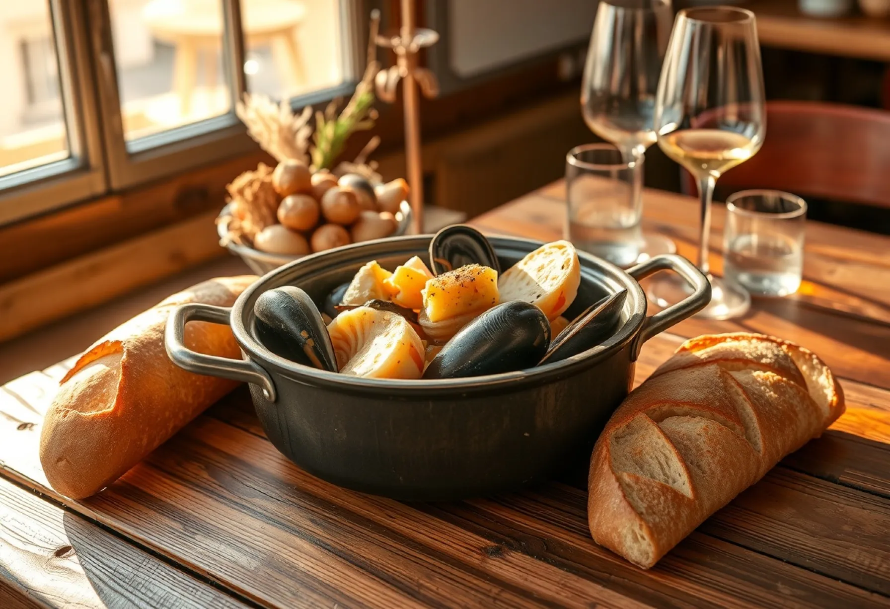 Rustikaler Holztisch mit Bouillabaisse und Beilagen in einem französischen Bistro-Setting