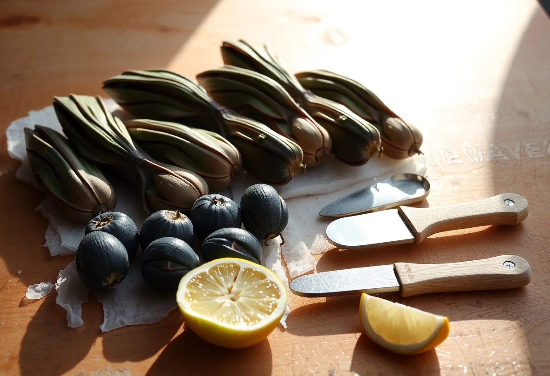 Arrangement von Meeresfrüchten auf einem hölzernen Tisch in der Morgensonne