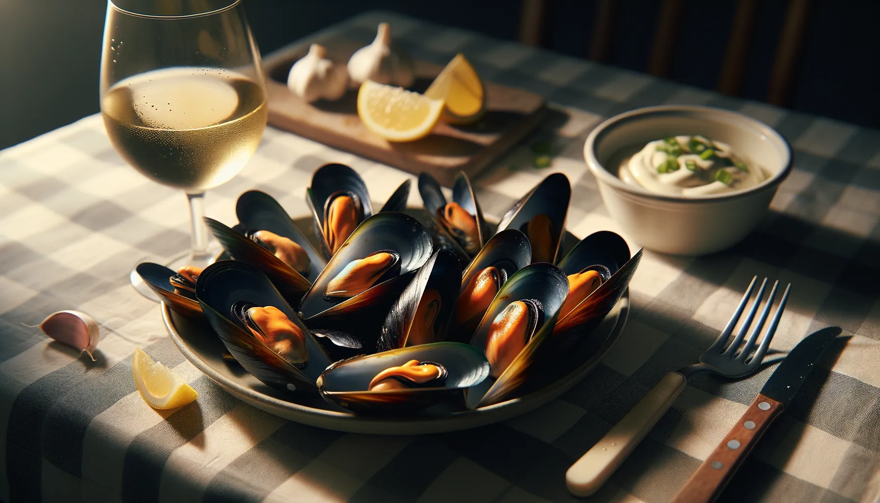 Frisch zubereitete Miesmuscheln mit Zitronensaft und Knoblauch-Dip, serviert mit Weißwein