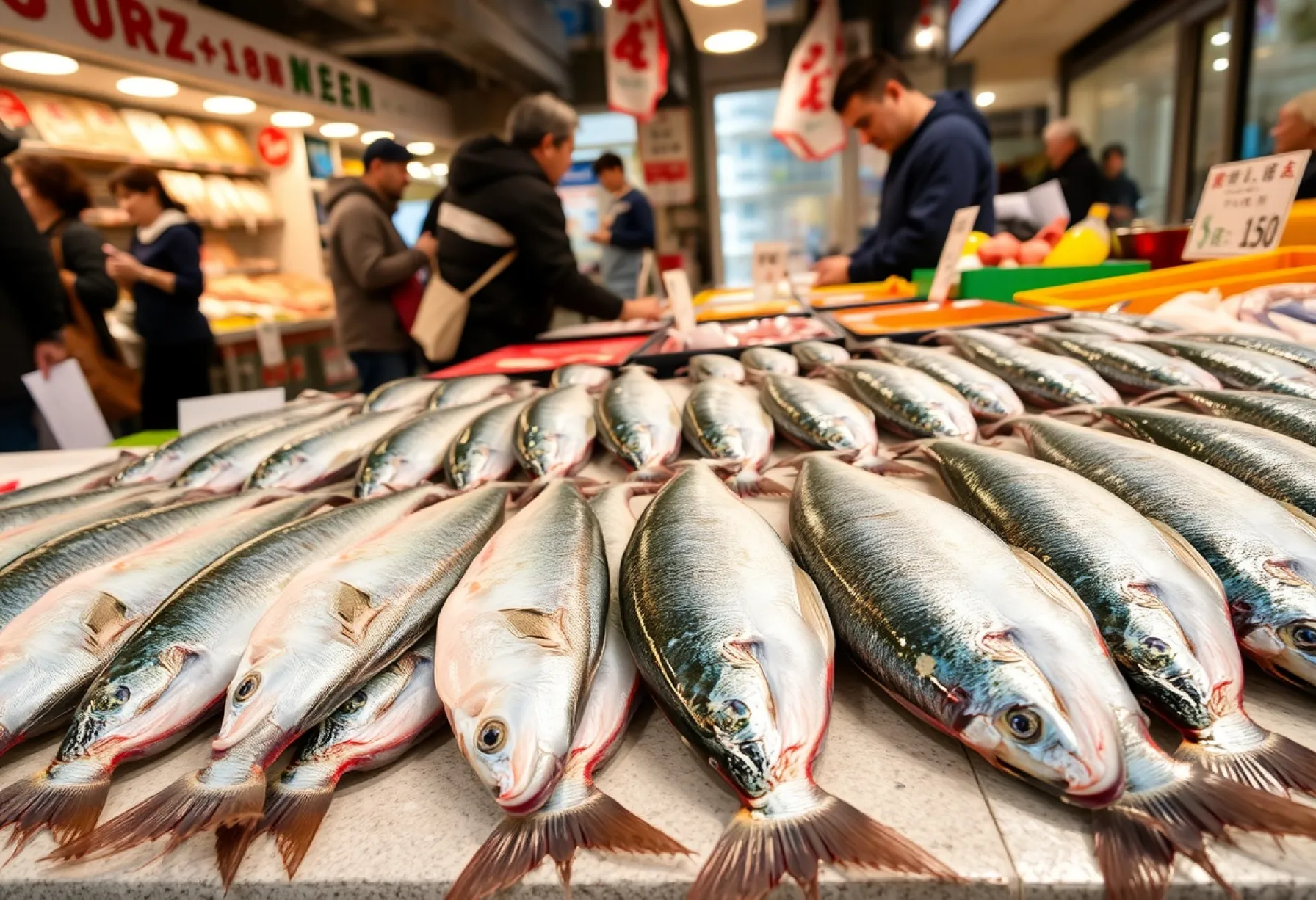 Frischer Meeresfrüchtemarkt in Yokohama: Tintenfische auf Verkaufstisch präsentiert