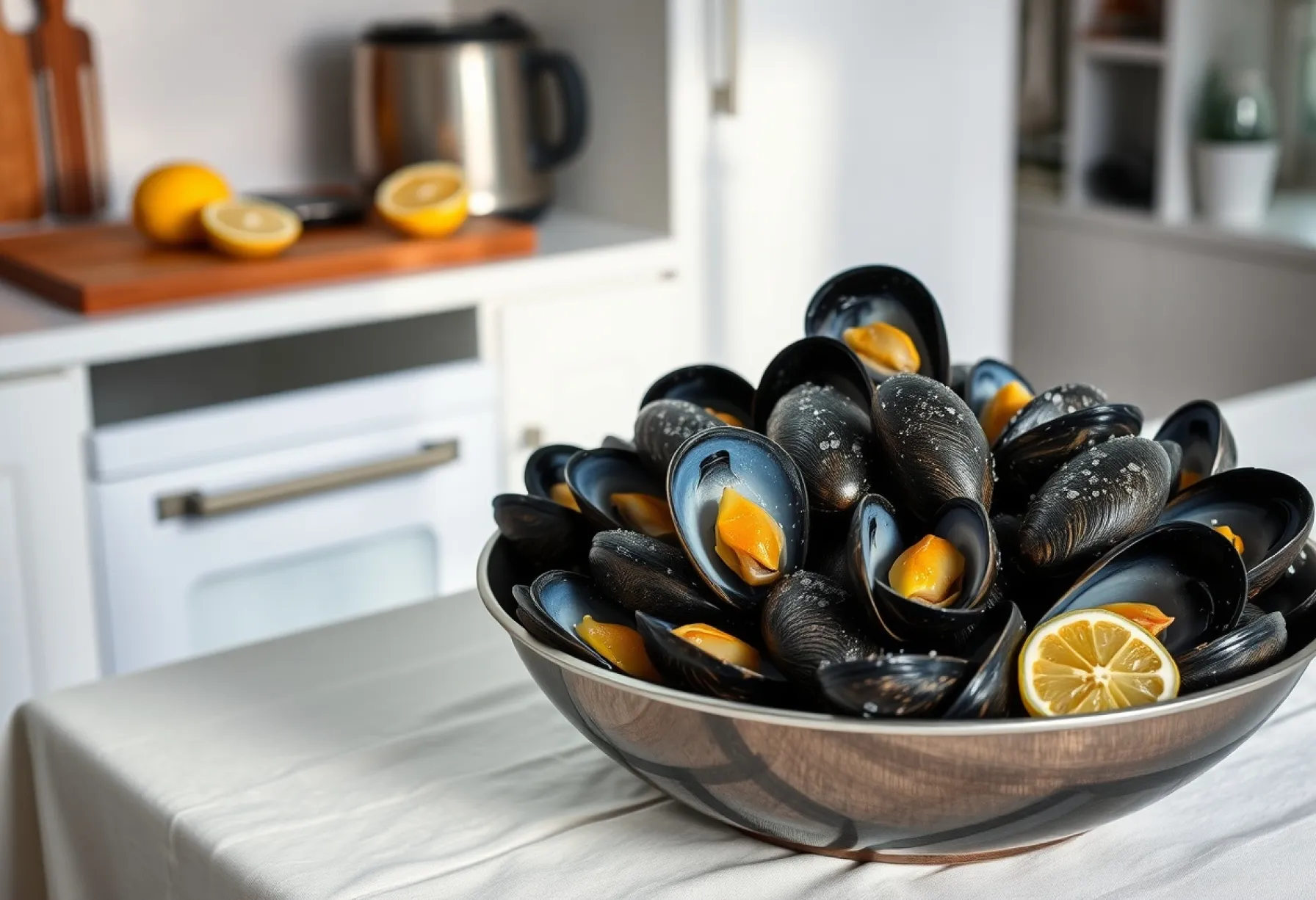 Zubereitung und Präsentation von Miesmuscheln in einer minimalistischen Kücheneinrichtung