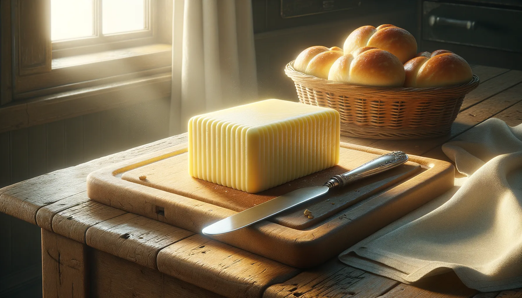 Stille Frühstücksszene mit Butter, Buttermesser und Brotkorb auf rustikaler Küchenarbeitsplatte