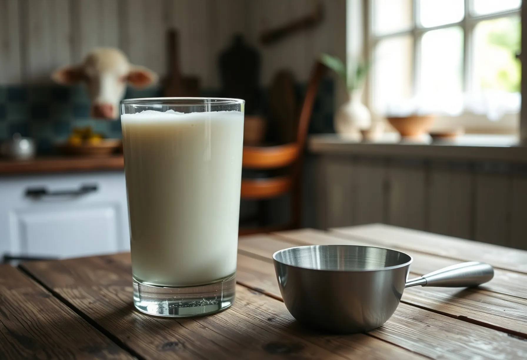 Ein Glas Buttermilch auf einem Holztisch in einer norddeutschen Küche