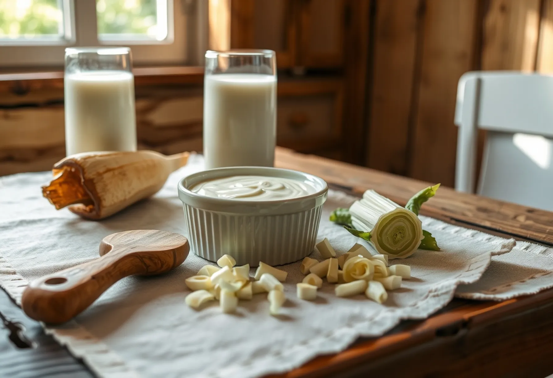 Rustikaler Holztisch mit frischen Milcherzeugnissen und Schnittlauch in ländlicher Atmosphäre