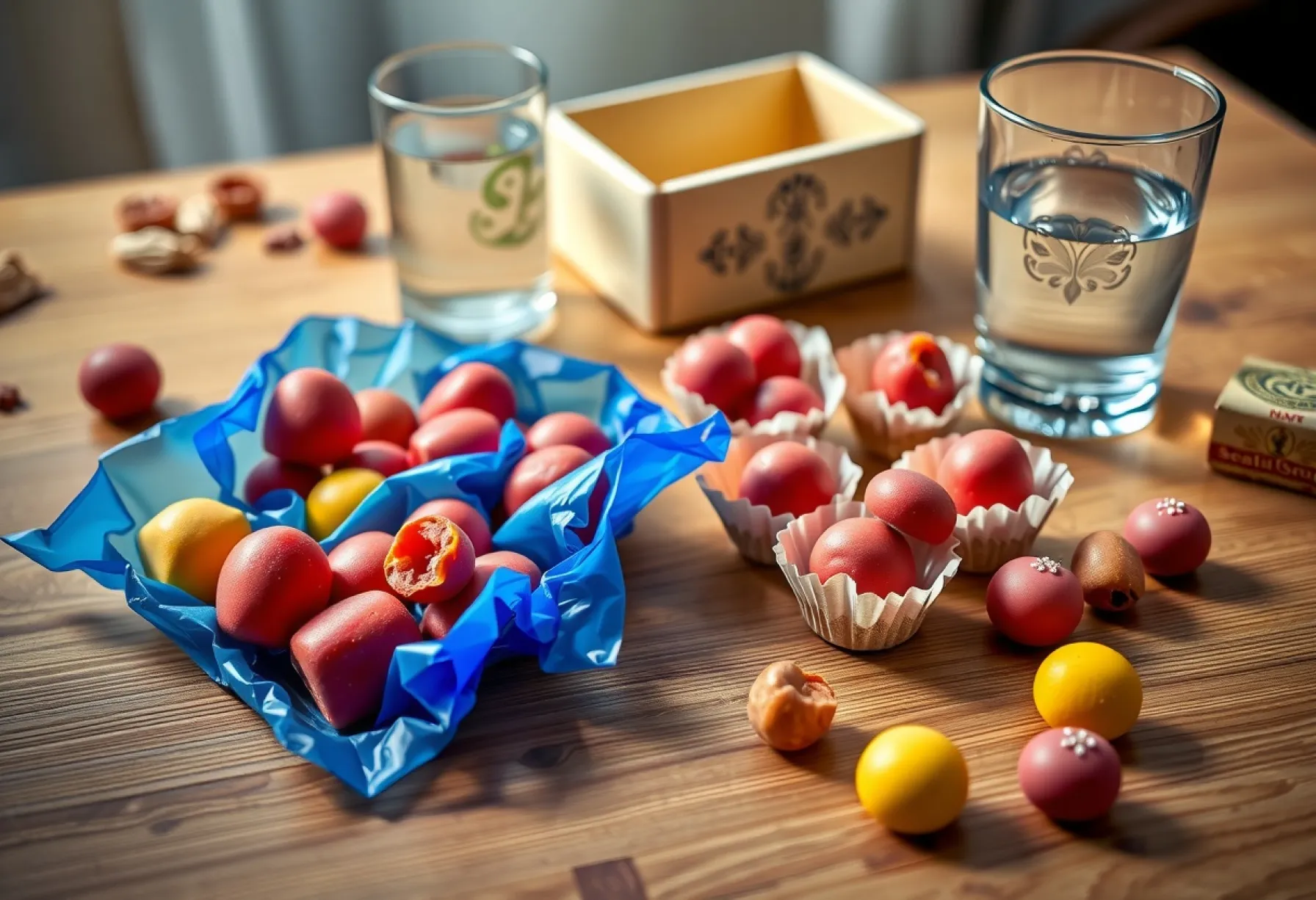 Bunte Bonbons auf Holztisch mit 70er Jahre Keksdose und Wasserglas im Vordergrund