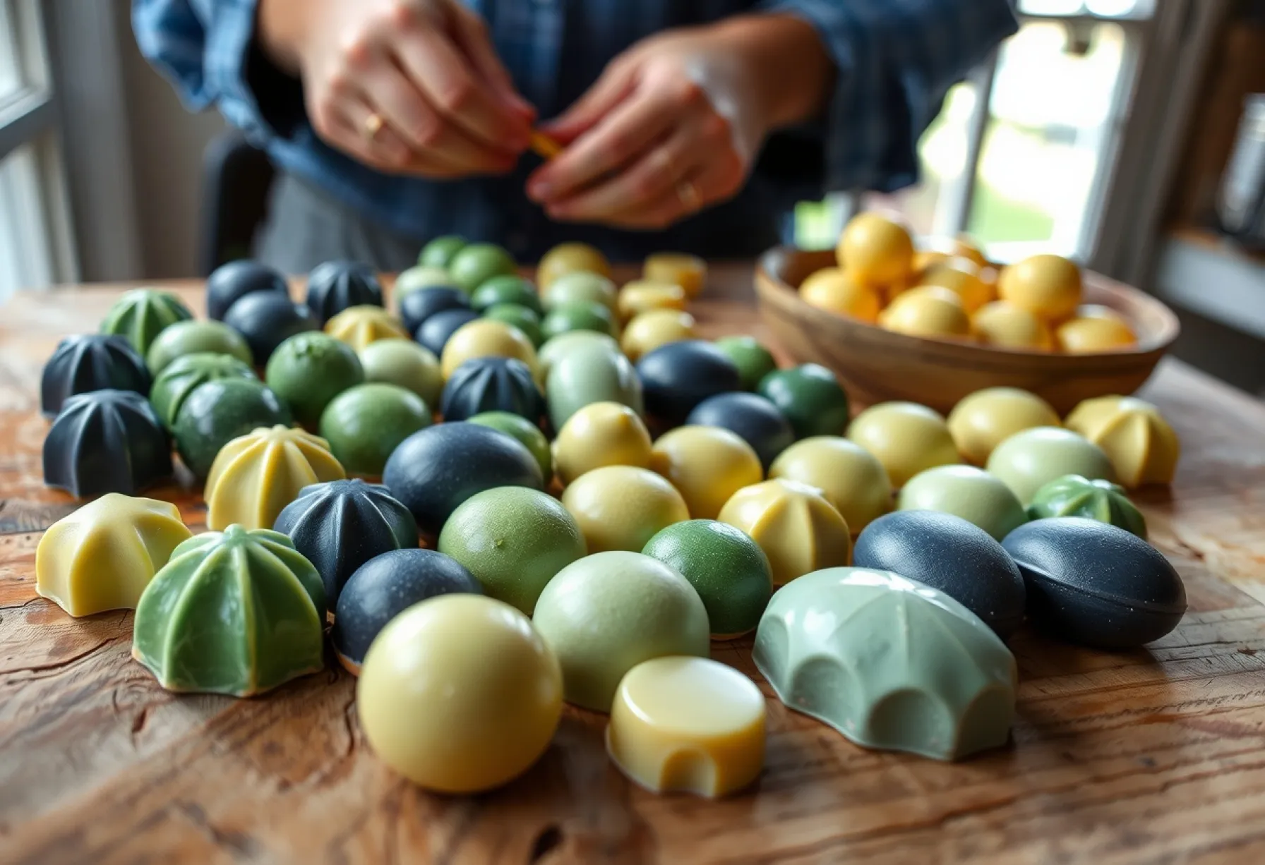 Handgemachte Bonbons aus der Bretagne: Vielfalt in Form und Farbe auf rustikalem Holztisch
