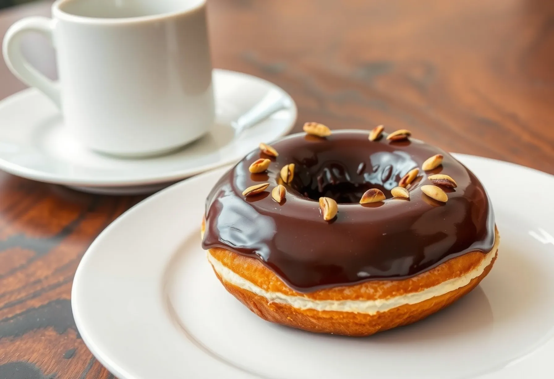 Donut auf Porzellanteller mit Pistazien und Streuseln vor dampfender Kaffeetasse auf Holztisch