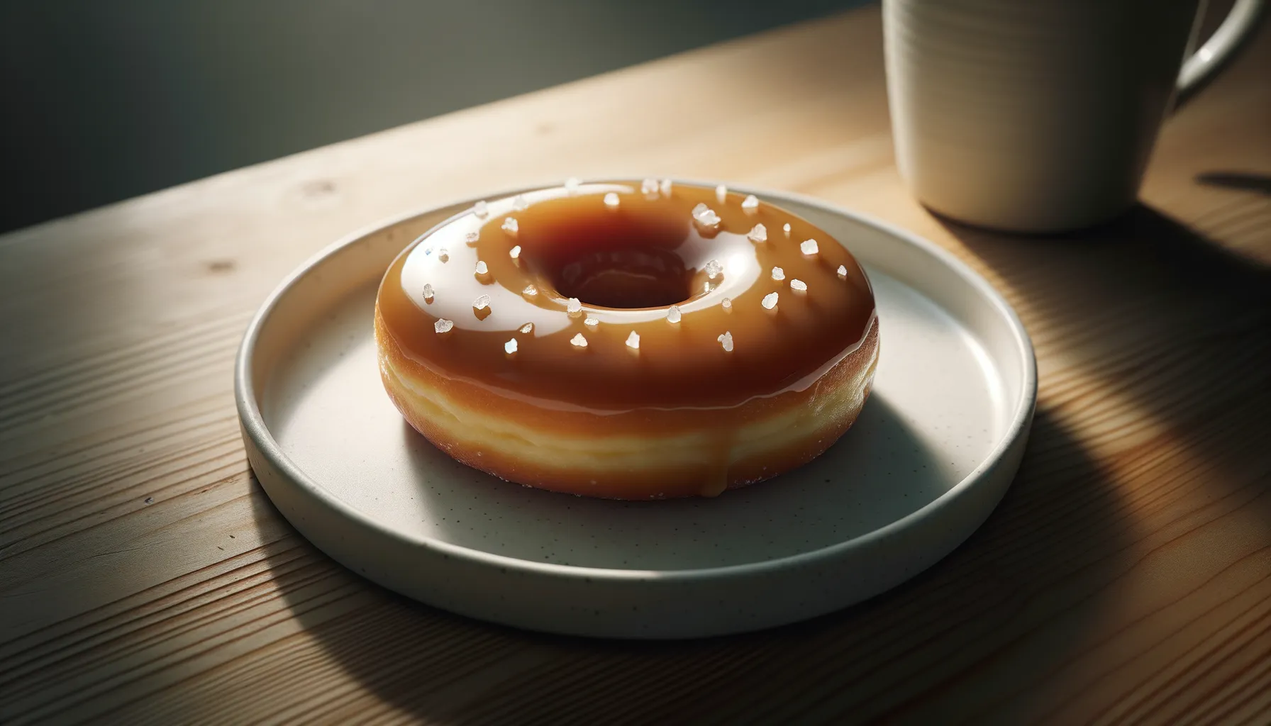 Donut mit Karamellüberzug und Salzflocken auf Porzellanteller vor unscharfem Hintergrund mit Kaffeetasse