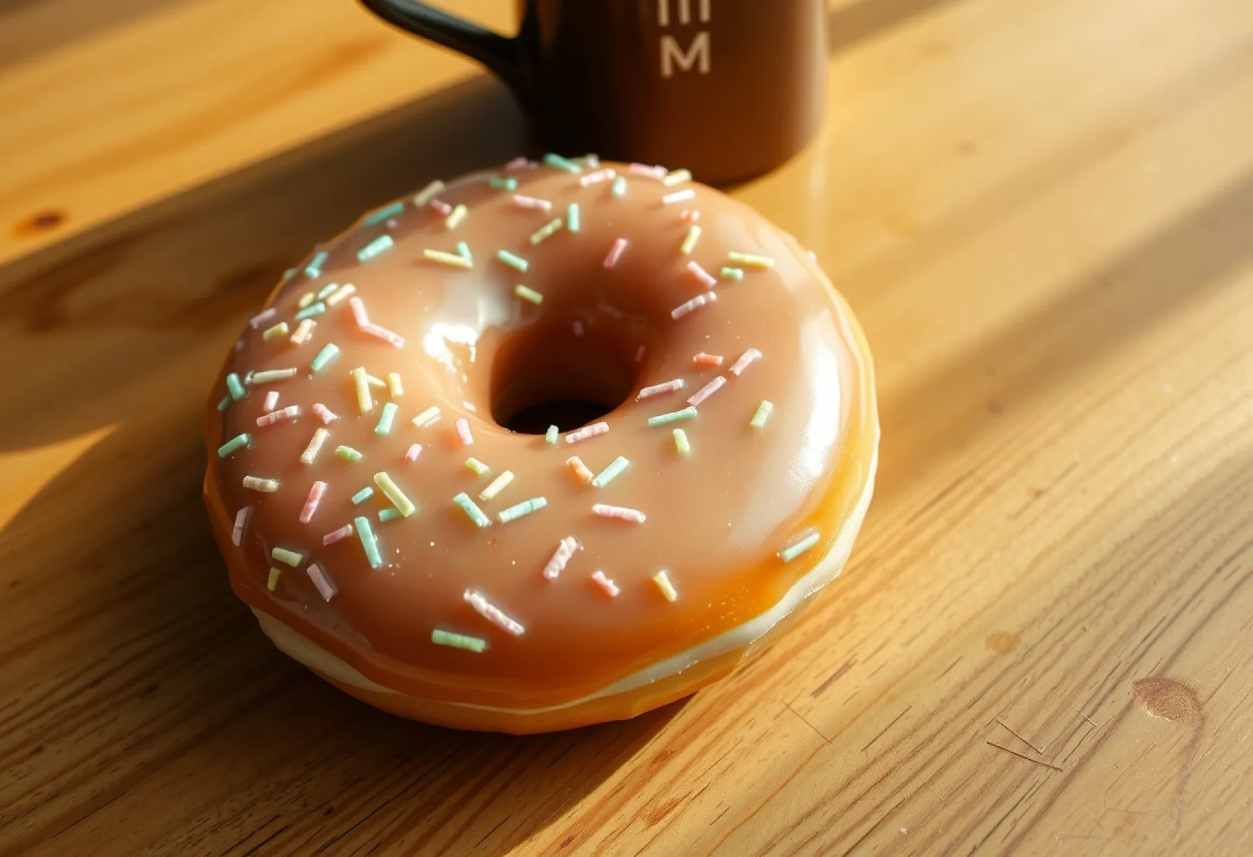 Donut mit Pastellstreuseln auf Holztisch vor unscharfem Kaffeetassenhintergrund