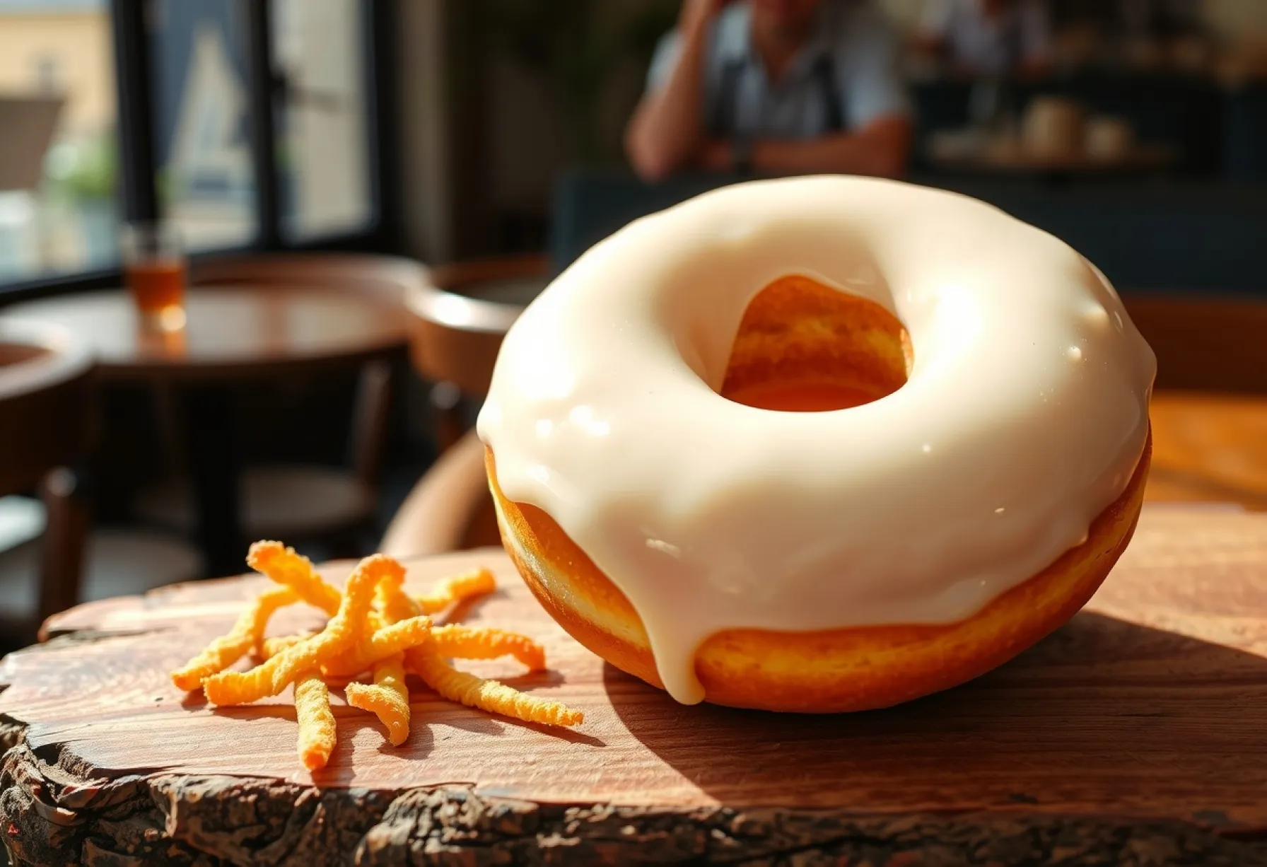 Foto eines glasierten Donuts auf Holzbrett mit Streuseln in einem Pariser Bistro