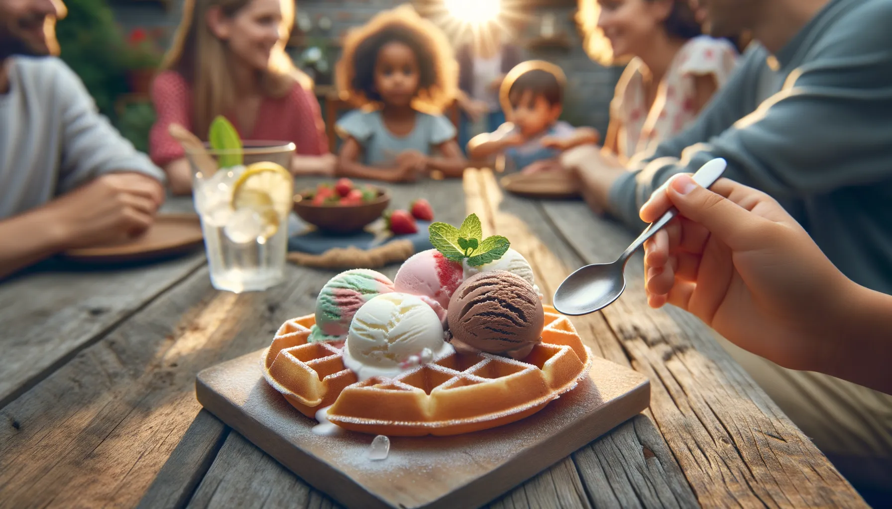 Waffel mit Eiscreme und Sommerstimmung auf rustikalem Holztisch