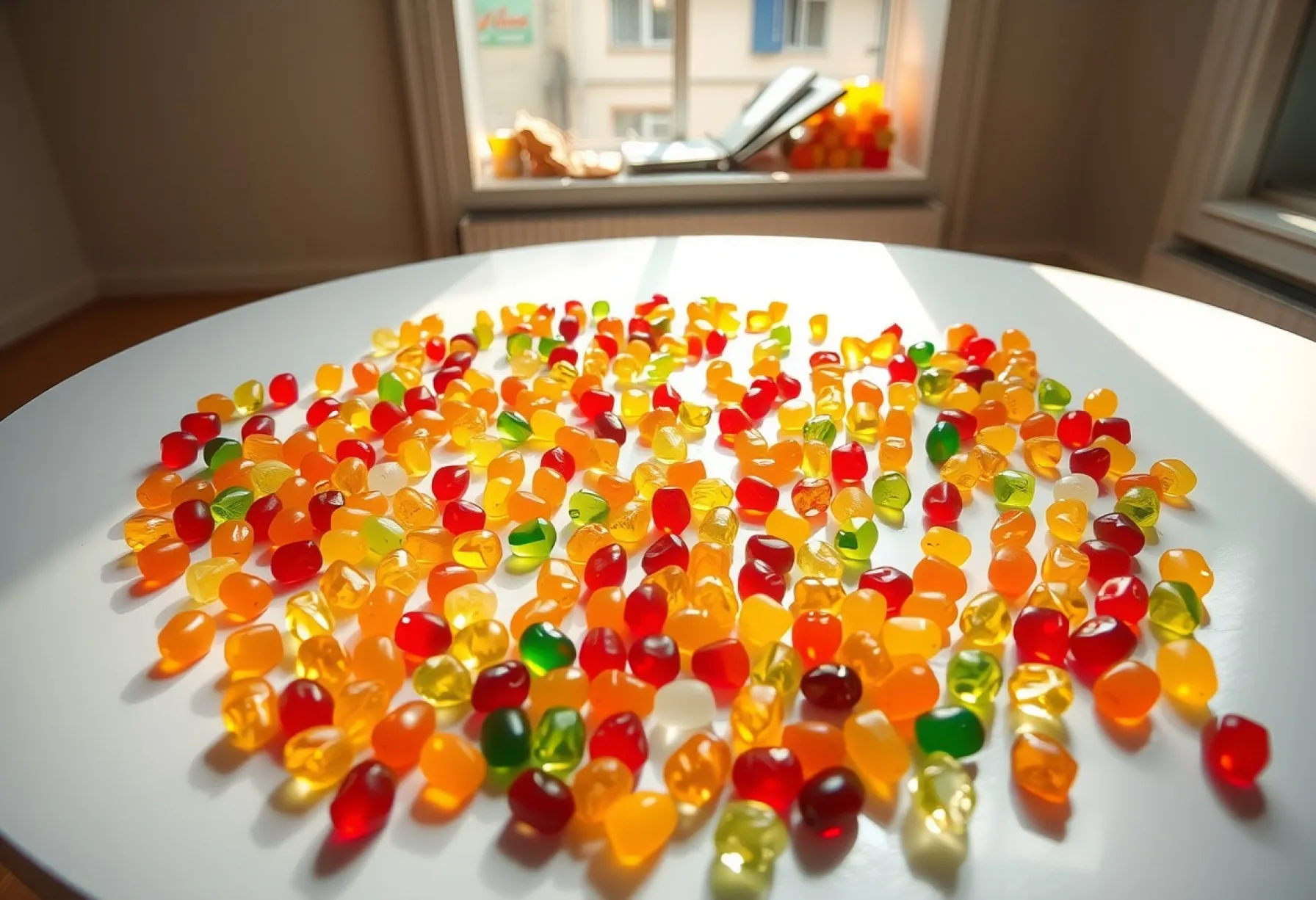 Darstellung einer bunten Vielfalt von Gummibärchen auf einem Tisch in künstlichem Licht