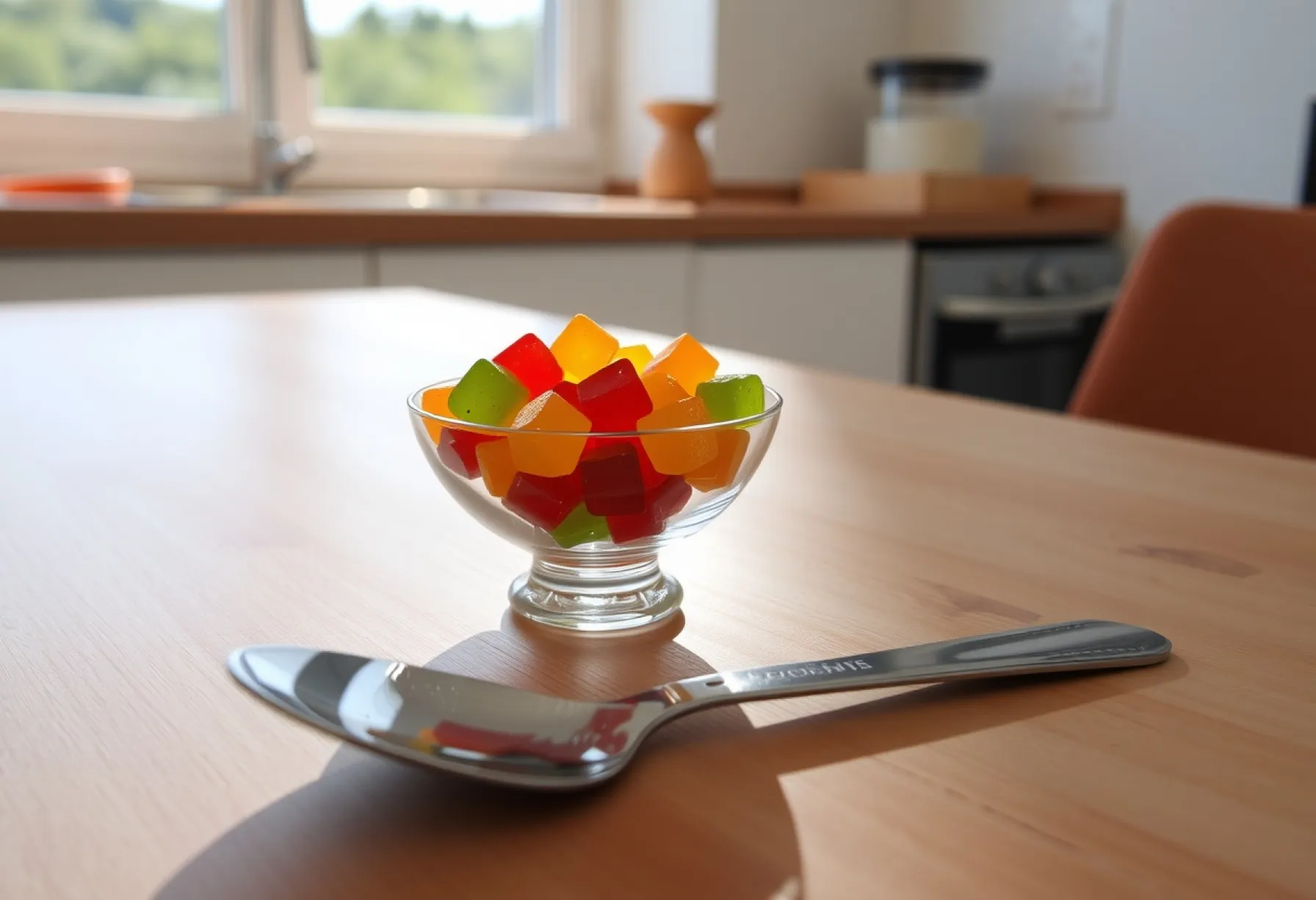 Gummibärchen in Glas auf minimalistischem Küchentisch arrangiert