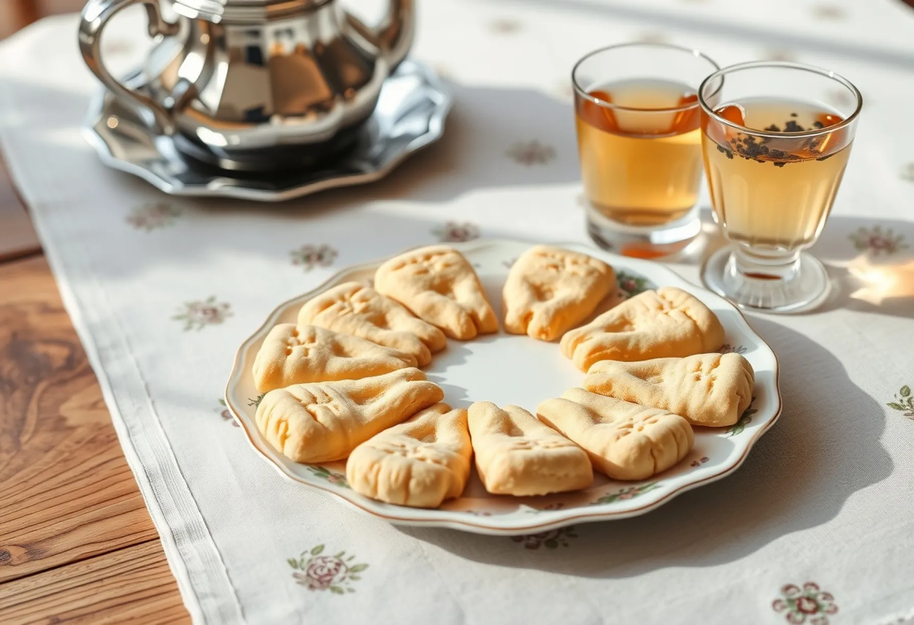 Traditioneller Englischer Teetisch mit Shortbread-Keksen und Silberkanne