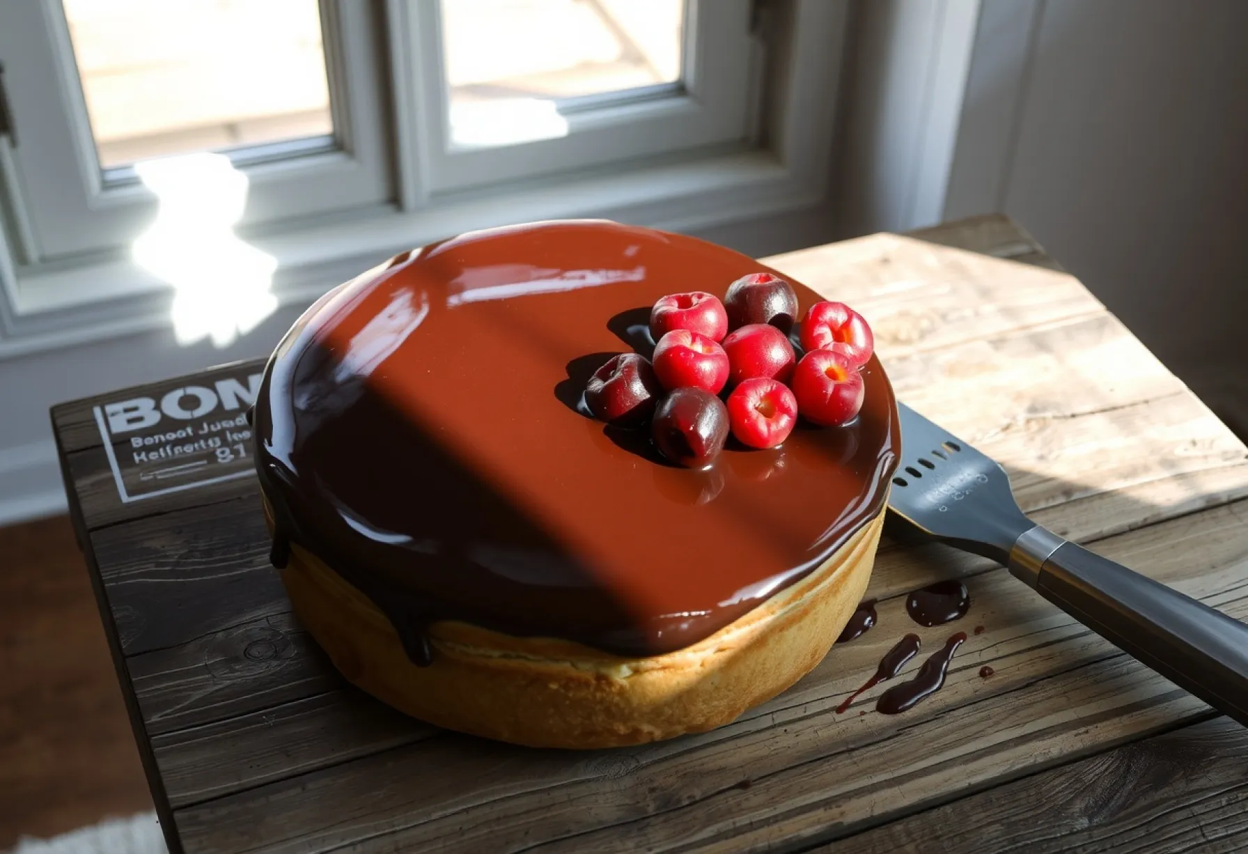 Kuchen mit Schokoladenglasur und Himbeerdekoration auf Holztisch