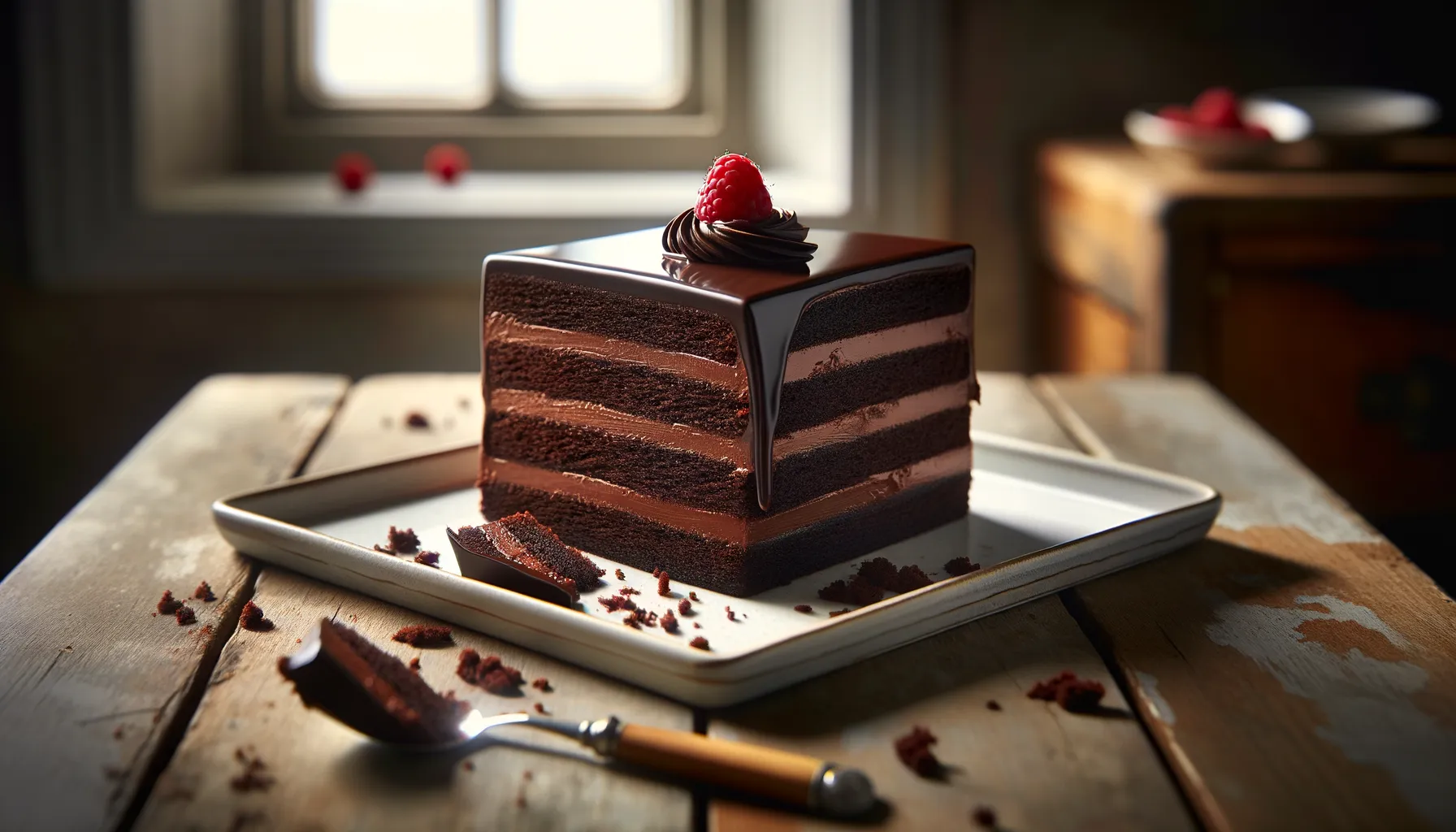 Schokoladentorte mit Ganache und Himbeere auf Porzellanteller