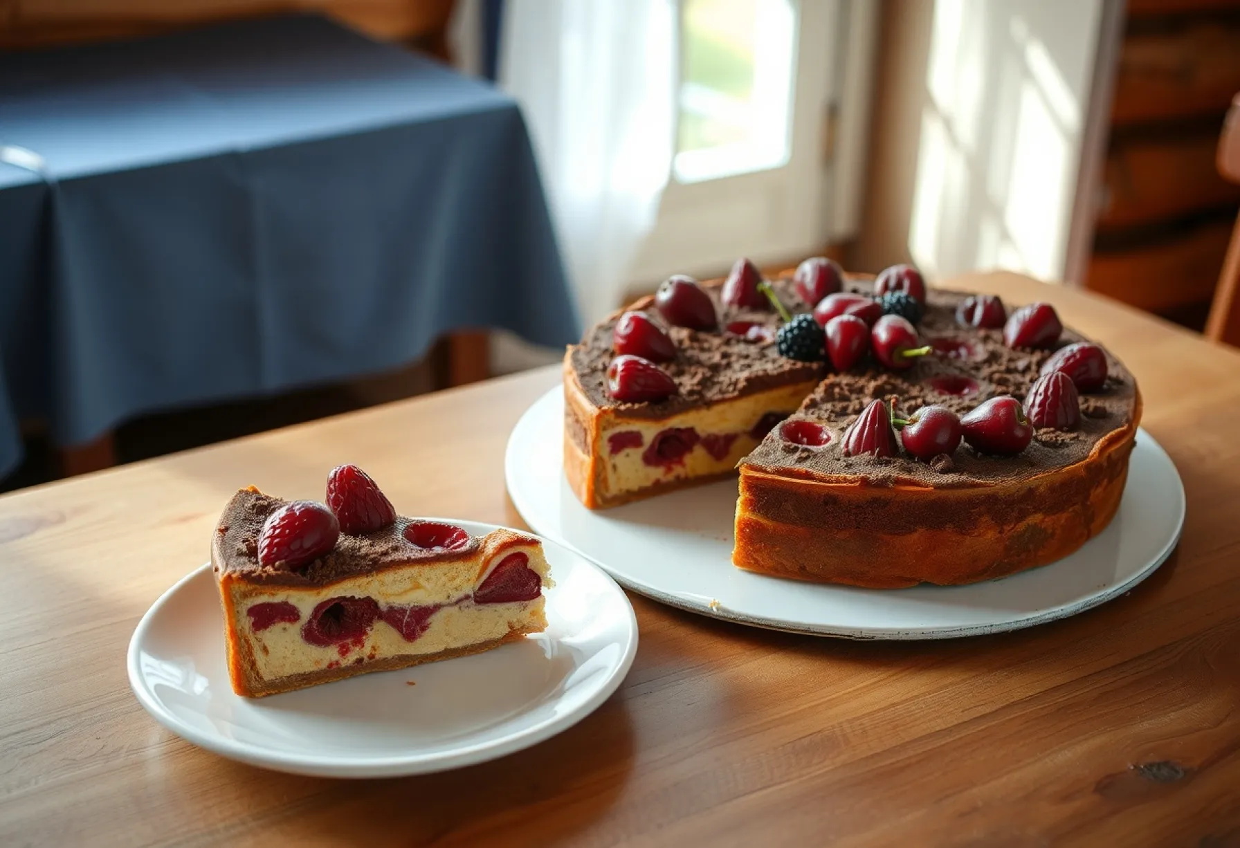 Traditioneller Schwarzwälder Kirschkuchen auf rustikalem Küchentisch in süddeutschem Bauernhaus