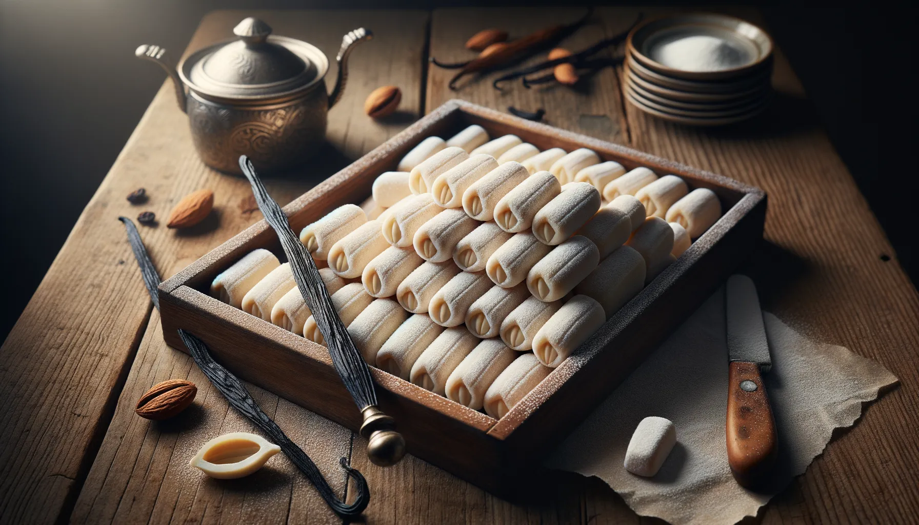 Arrangement von Marzipan auf Holztablett mit Vanilleschote und Silberkanne im Hintergrund