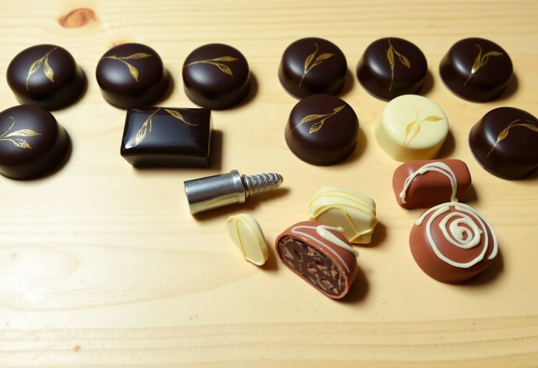 Anordnung von handgefertigten Pralinen auf einem hölzernen Tisch mit dekorativen Details