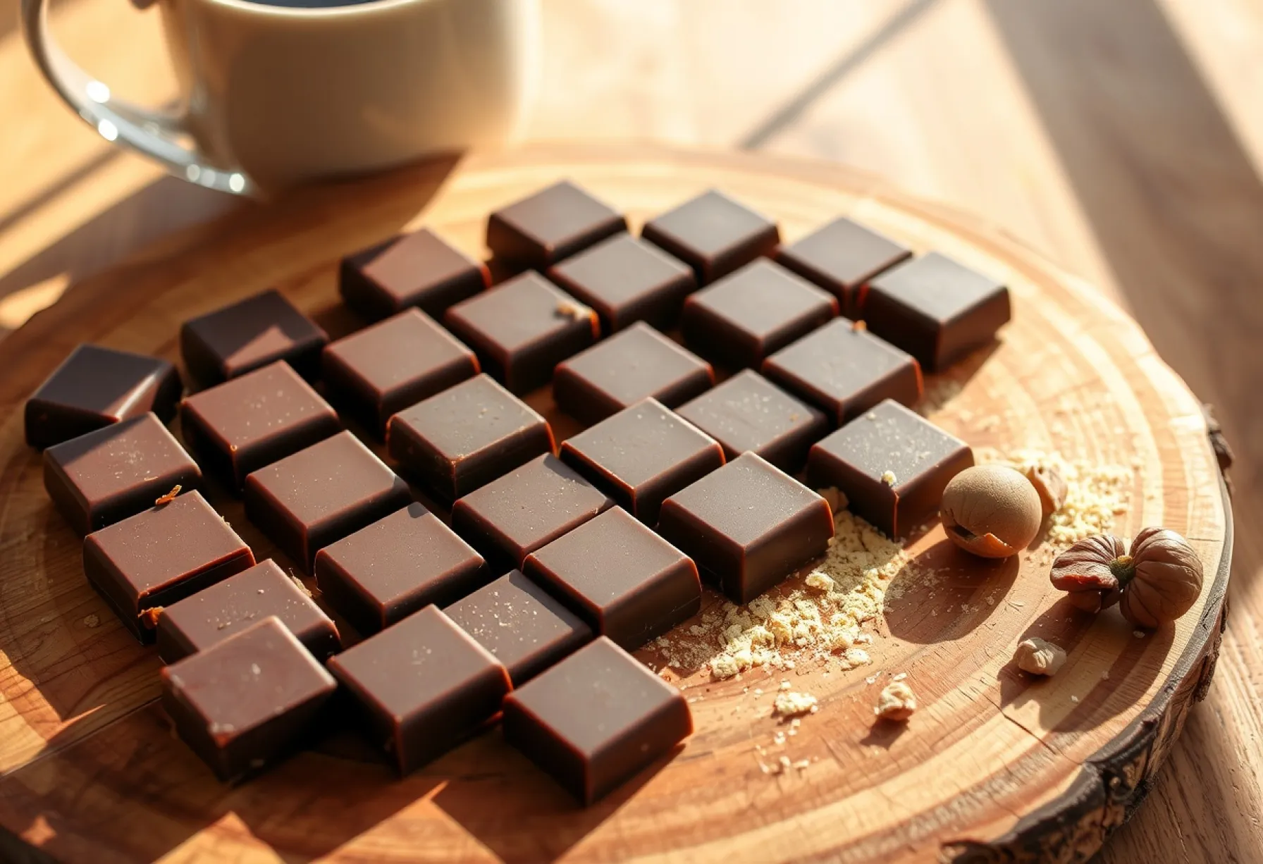 Arrangement von dunkler Schokolade mit Kakaonibs auf Holzplatte neben dampfender Kaffeetasse und zerbrochener Nuss