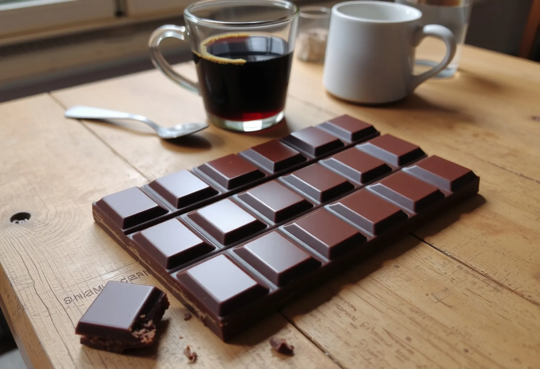 Schokoladentafel auf Holztisch mit Kaffee und Löffel in Café-Atmosphäre