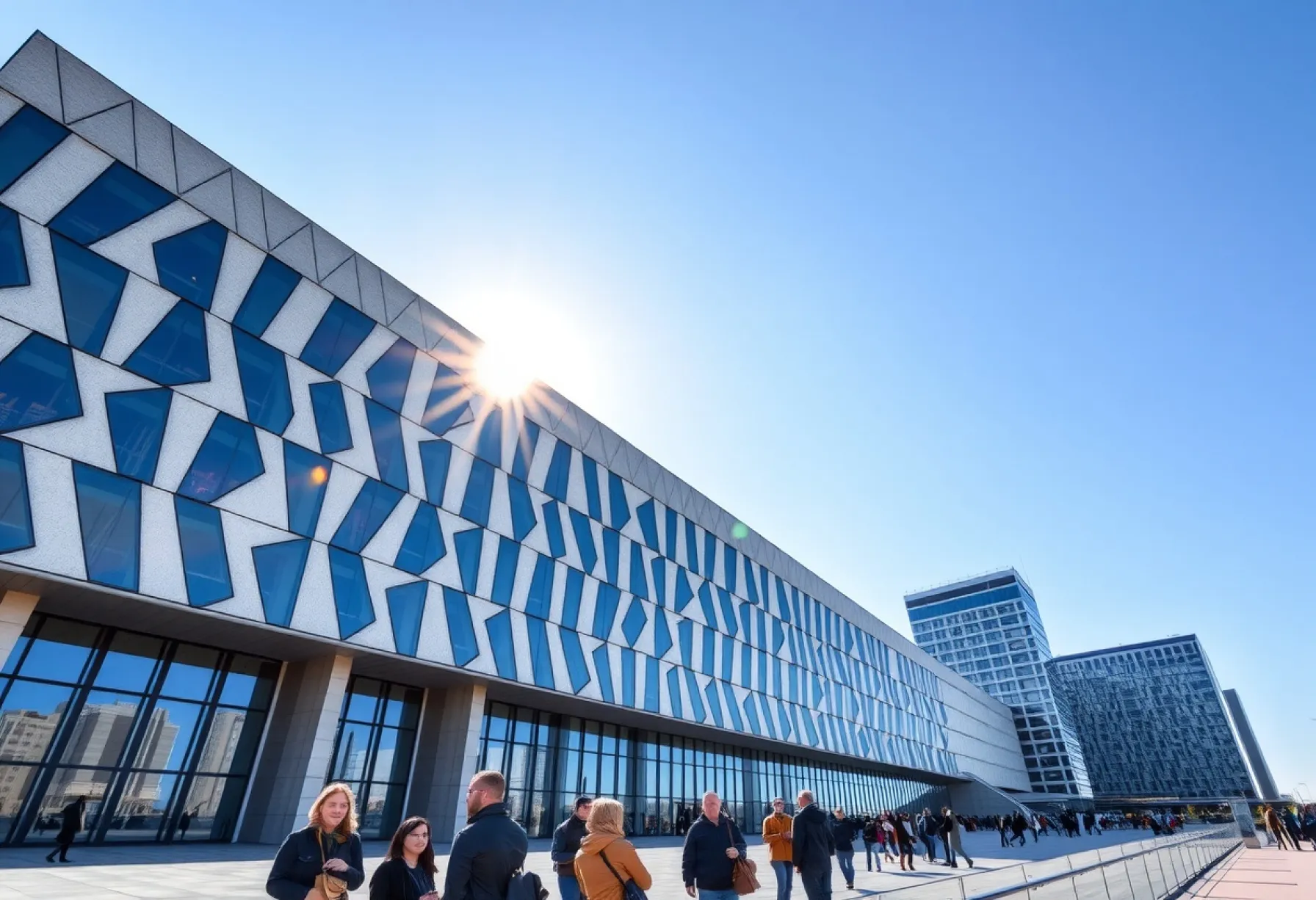 Architektonisches Meisterwerk: Postmodernes Gebäude vor blauem Himmel