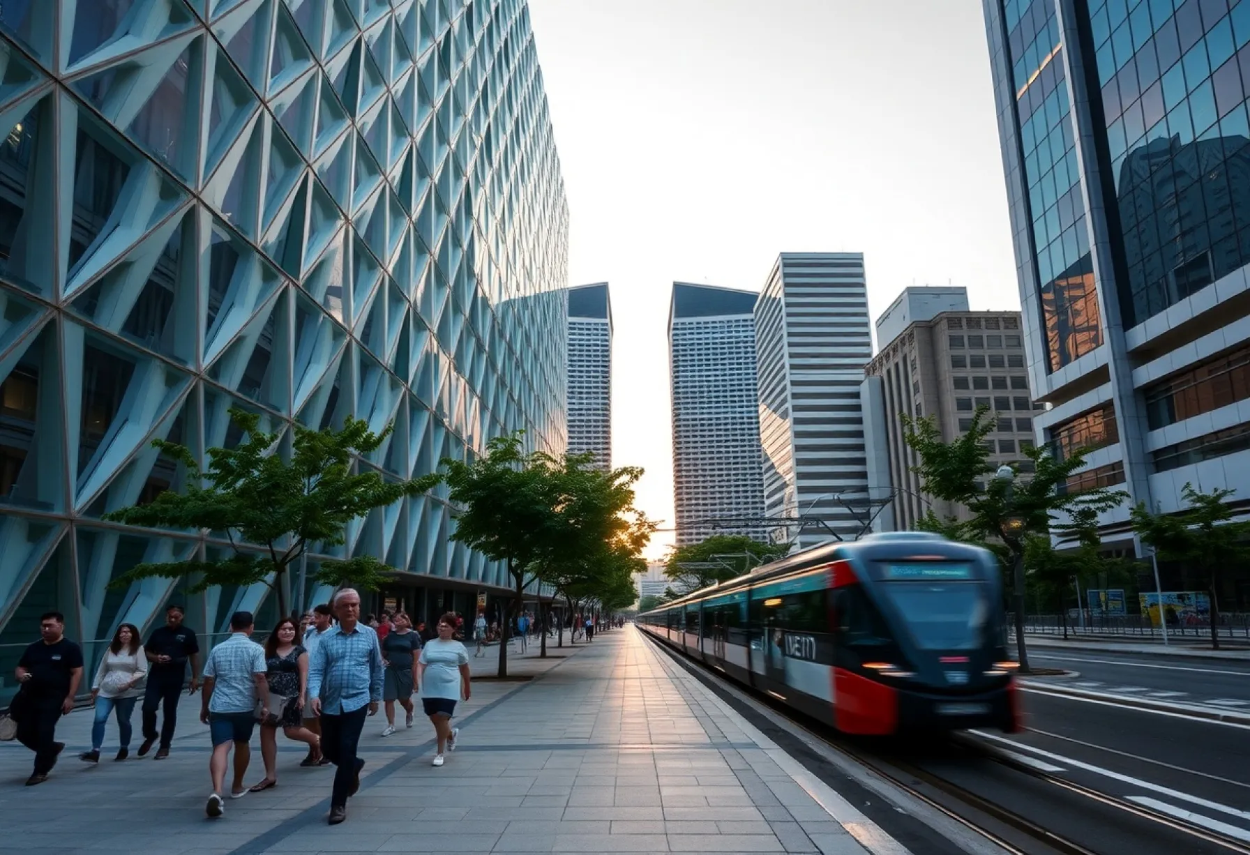 Futuristische Architektur in Singapur: Glas-Stahl-Bauwerk mit urbaner Umgebung und Straßenbahnbewegung