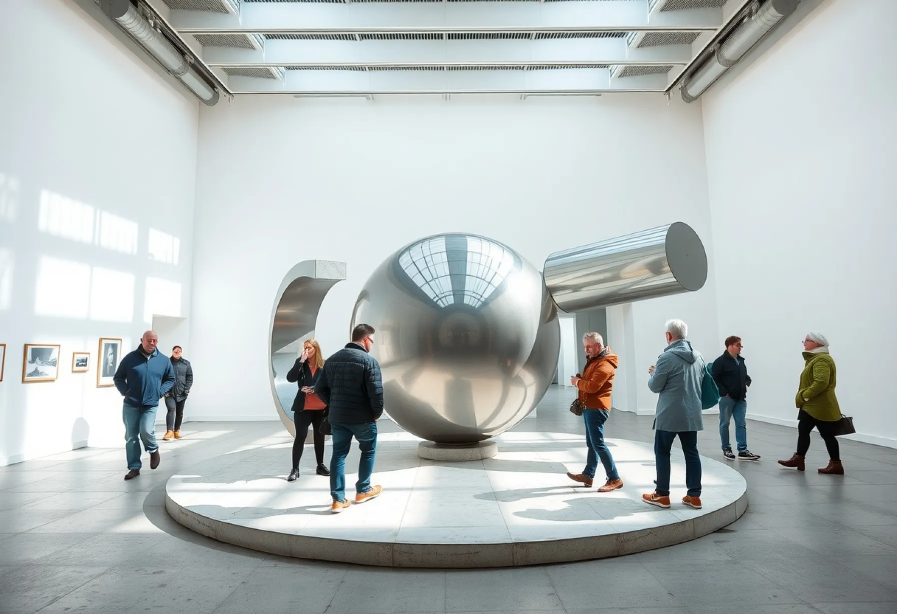 Installation aus Edelstahl: Geometrische Formen auf Betonsockel in lichtdurchflutetem Ausstellungsraum