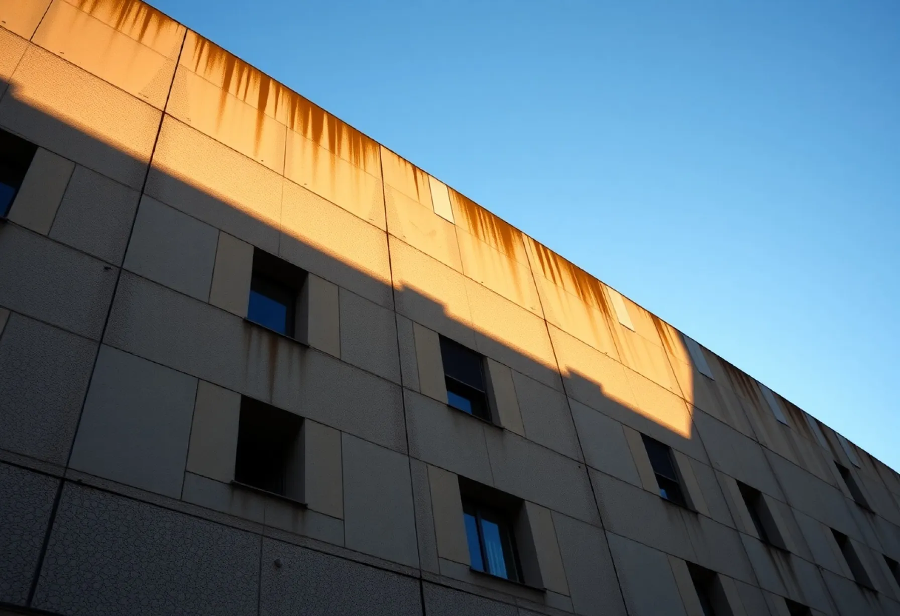 Fassade eines brutalistischen Gebäudes aus den 1970er Jahren in London im Licht der Nachmittagssonne