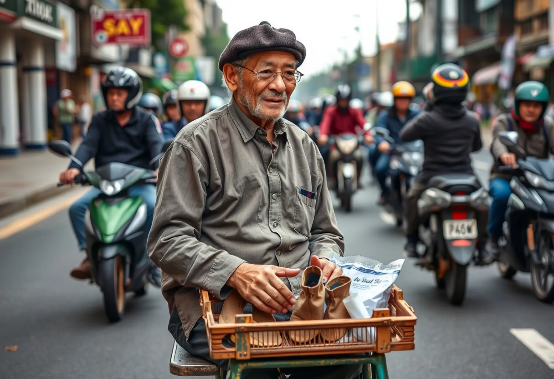 Mobiler Schuhputzstand eines älteren Mannes in den Straßen von Hanoi, Vietnam