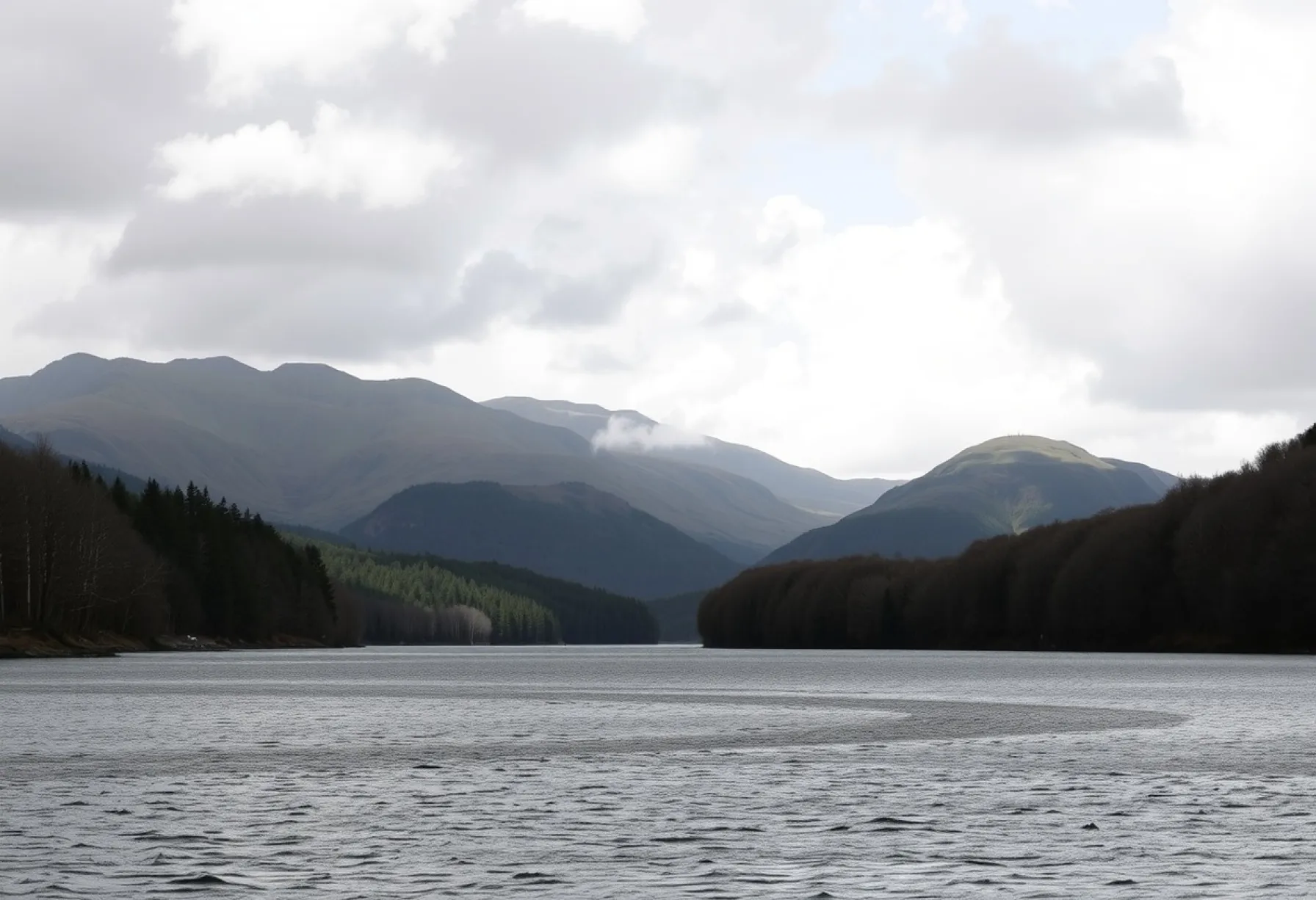 Panorama der schottischen Highlands: See, Hügel und Schafe in nebliger Landschaft