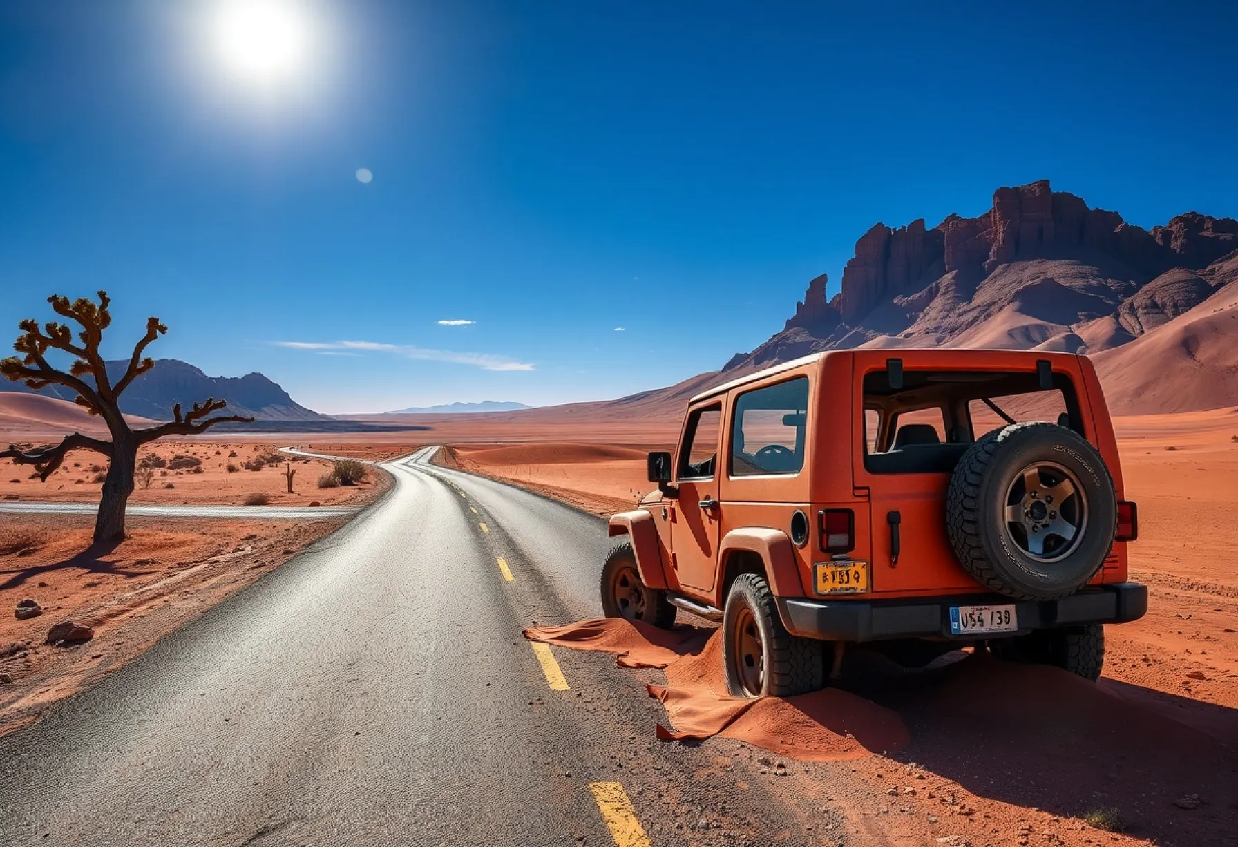 Verlassener Jeep in der Atacama-Wüste vor schroffer Felskulisse und blauem Himmel