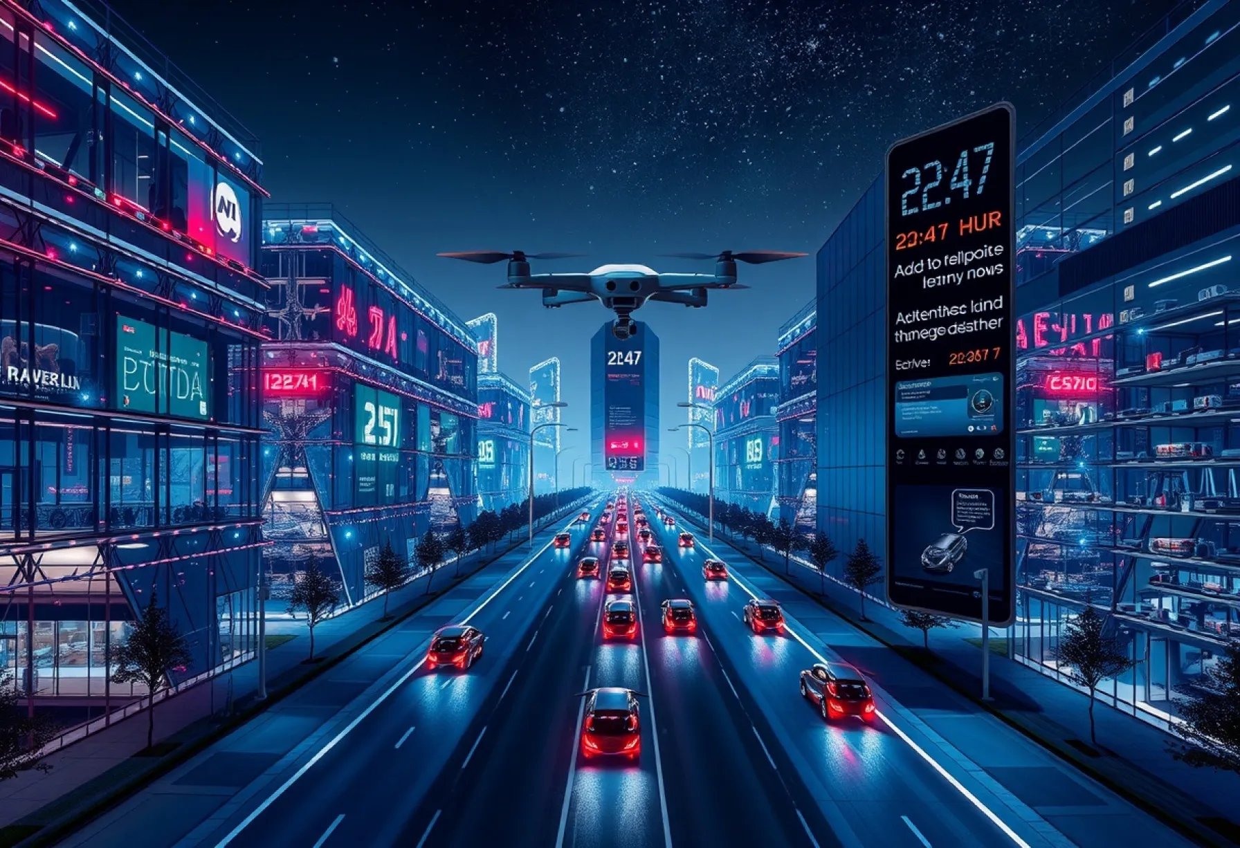 Futuristische Nachtstadt mit beleuchteten Wolkenkratzern, Drohnen und autonomen Fahrzeugen