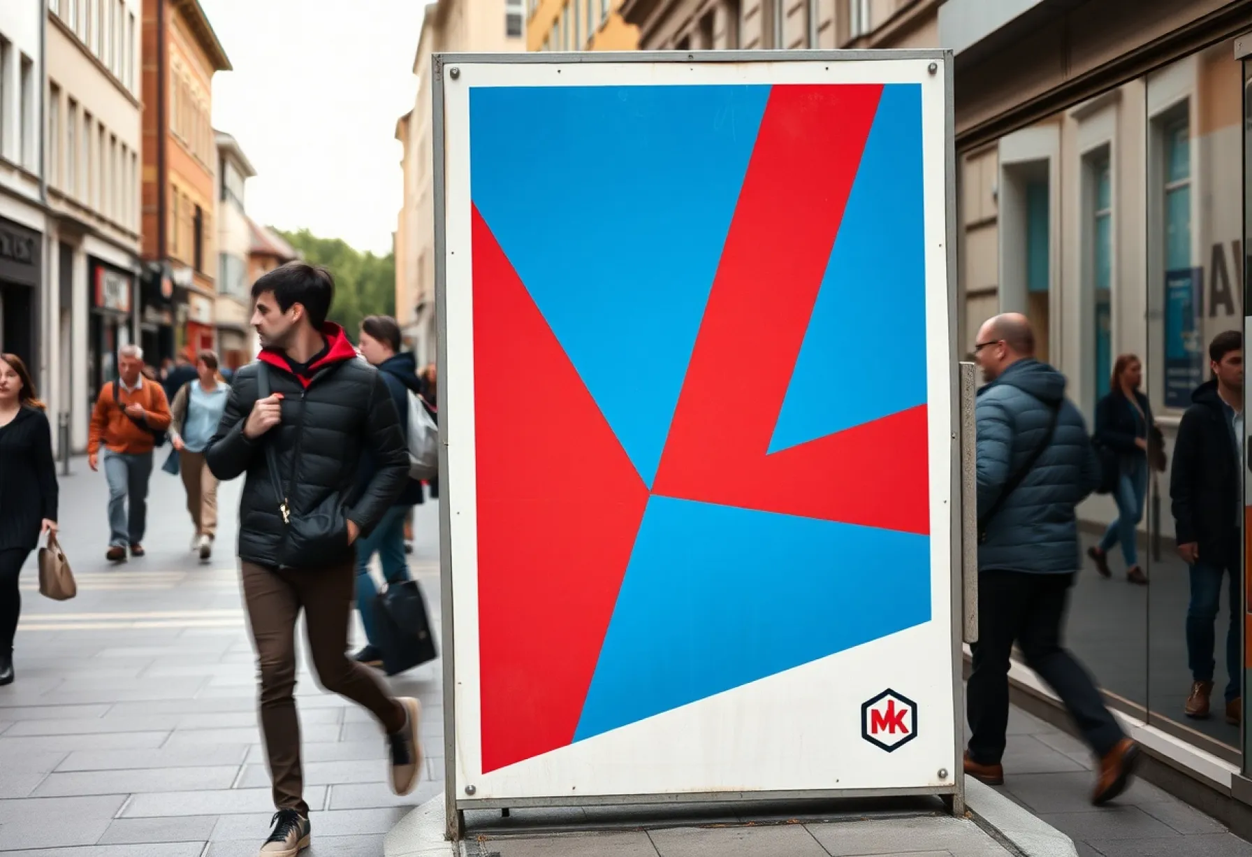 Plakatwand in Berlin: Beispiel moderner Grafikdesignkunst mit geometrischem Muster und dynamischen Farben