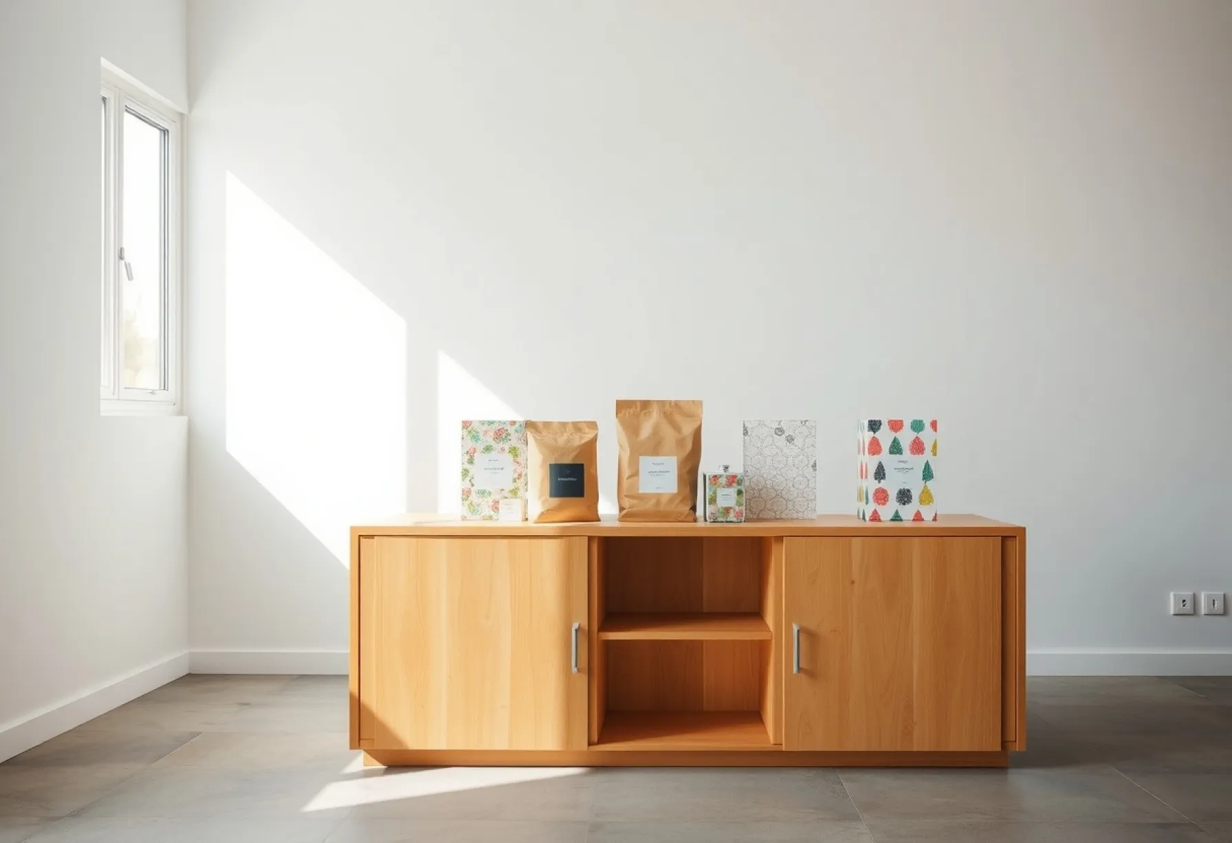 Minimalistisches Regal mit farbenfrohen Verpackungsdesigns in modernem Raum