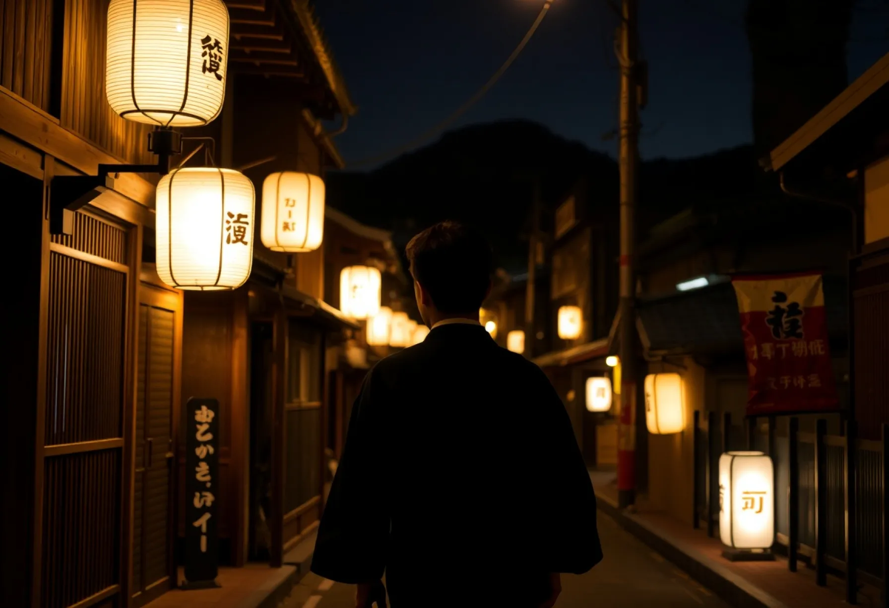 Nächtliche Straßenszene in Kyoto: Traditionelle Architektur und meditative Stimmung