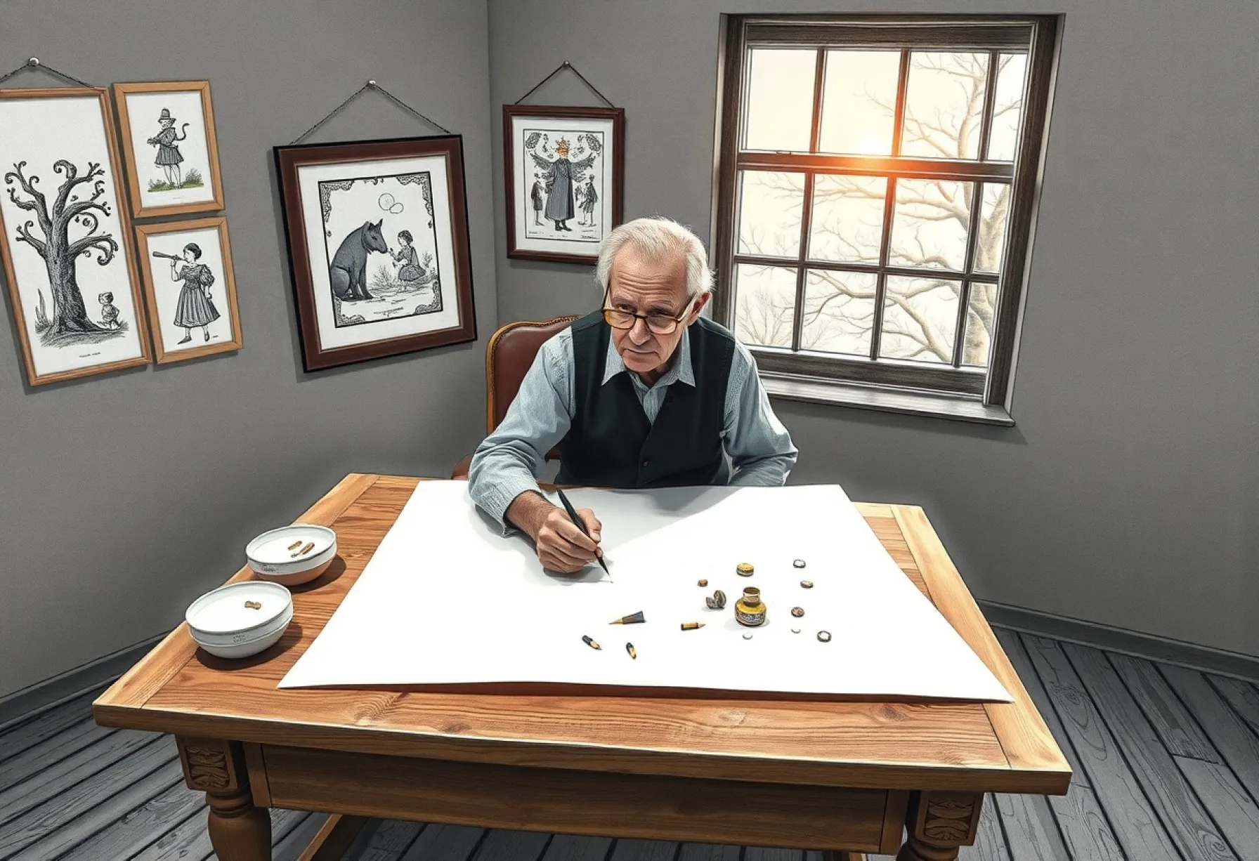 Illustrator bei der Arbeit: Ein alter Mann malt feine Linien auf Papier in einem Londoner Atelier