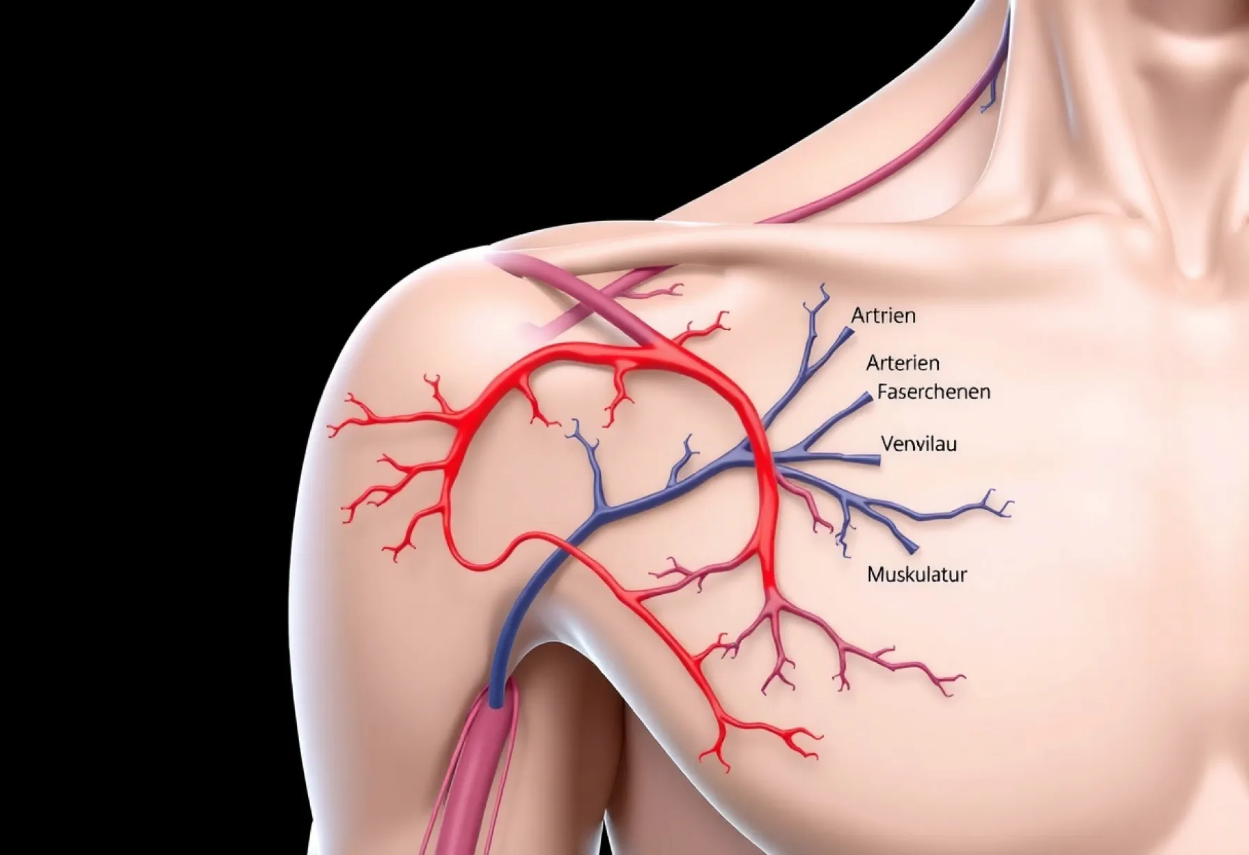 Anatomisches Detailbild des menschlichen Oberschenkels: Blutgefäße, Muskulatur und Femurknochen im Querschnitt