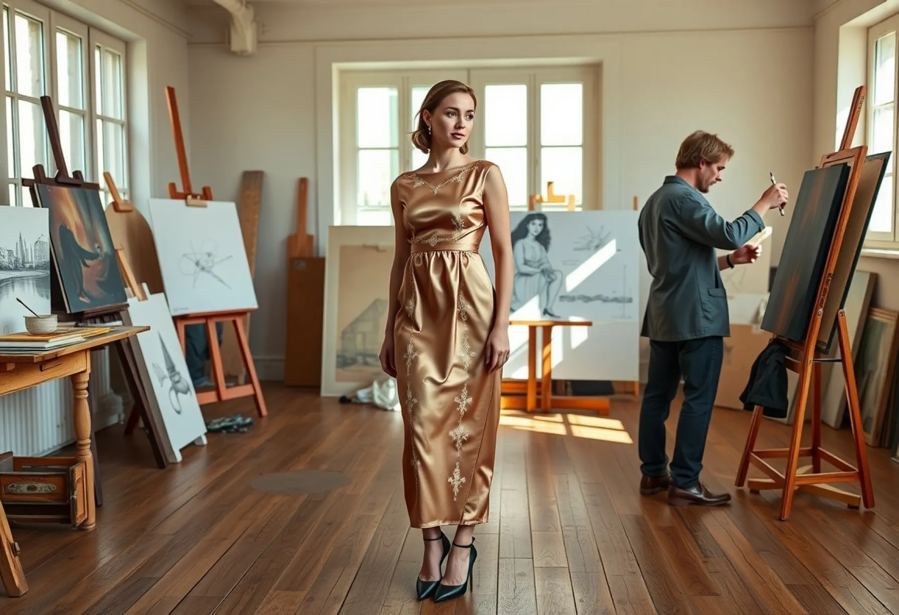 Junge Frau posiert im Atelier in maßgeschneidertem Kleid mit bretonischen Stickereien