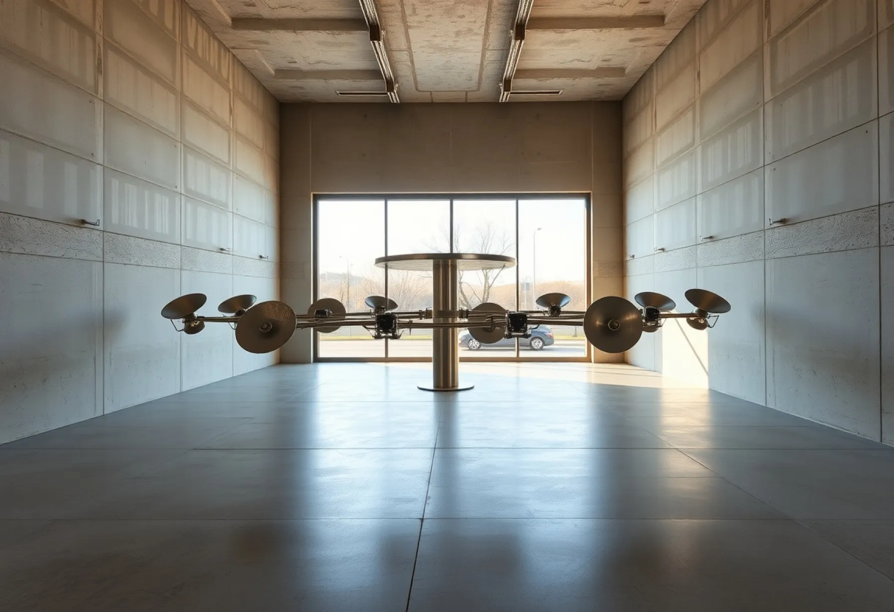 Kinetische Installation aus Metallplatten in minimalistischem Raum aus Beton und Stahl