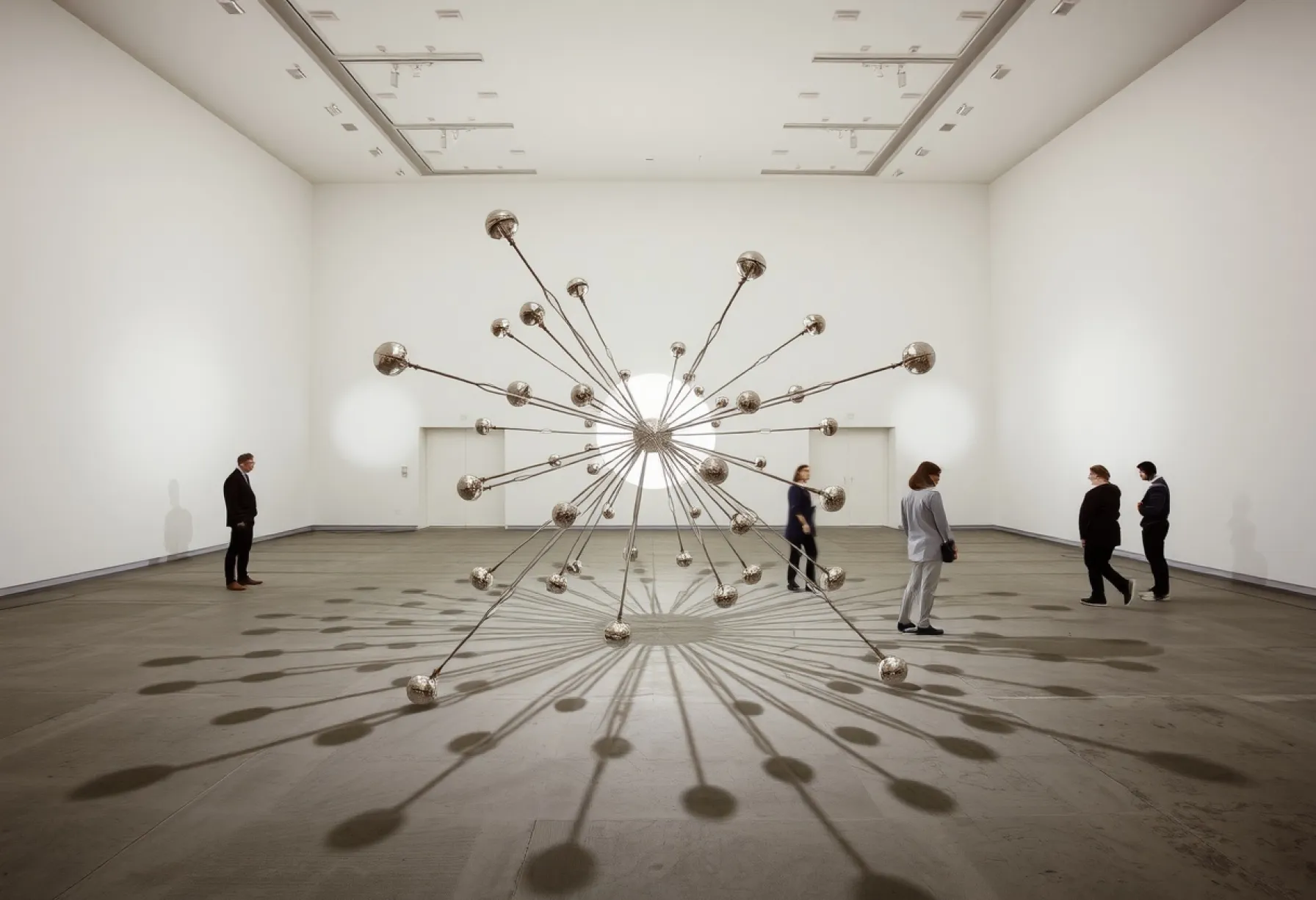 Kinetische Installation aus metallischen Armen mit Spiegelreflexionen und Lichtmustern in einem hell erleuchteten Raum