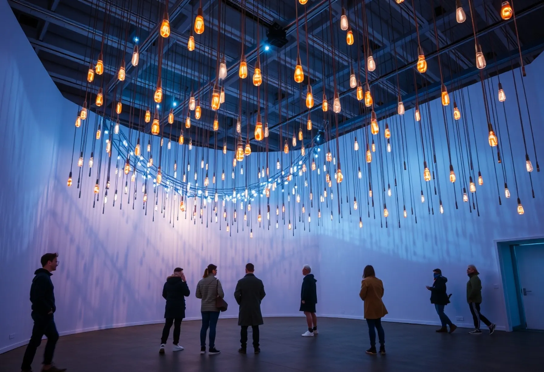 Lichtinstallation aus Neonröhren: Geometrische Schatten und wechselndes Farbenspiel in einem abgedunkelten Raum