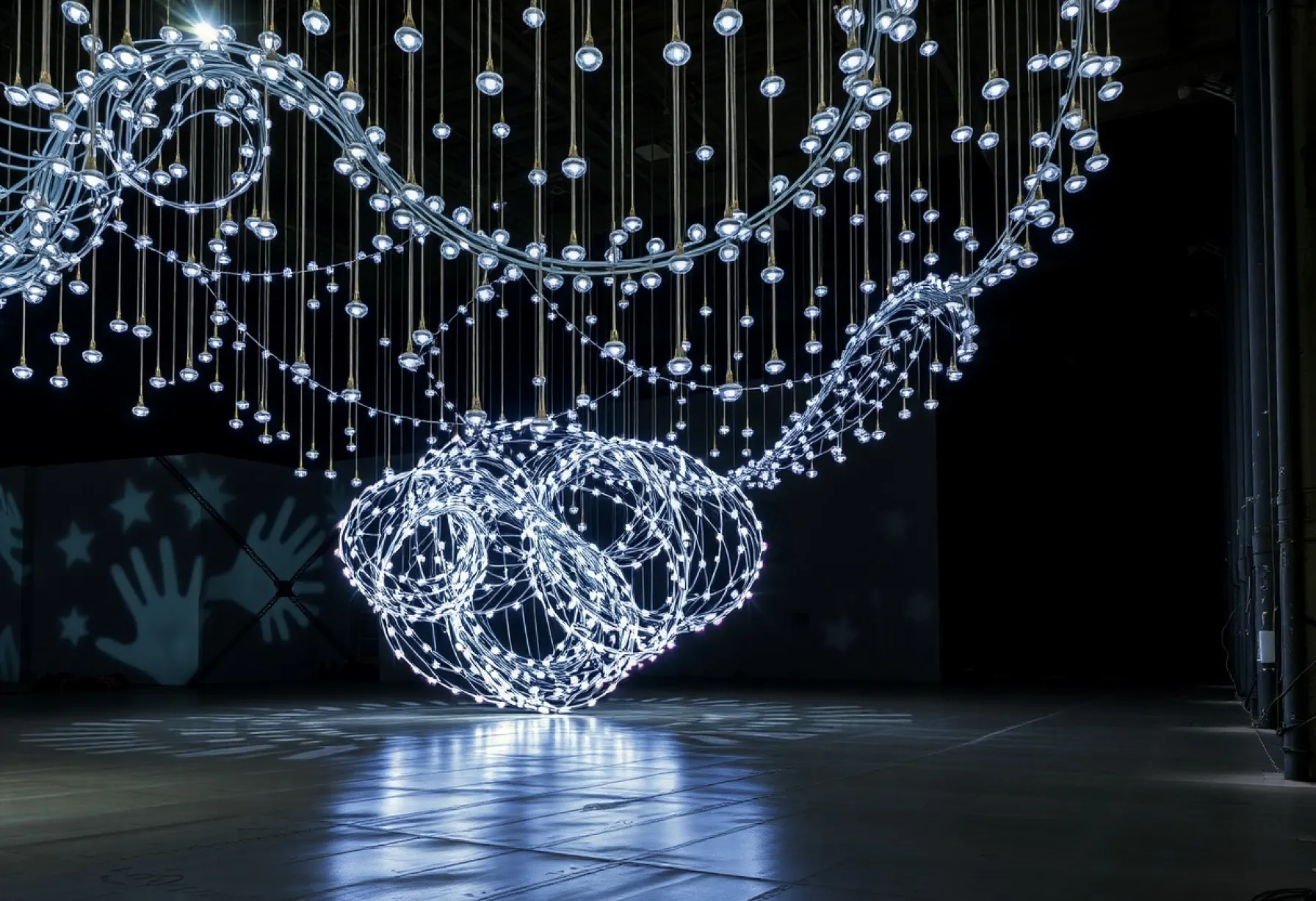 Lichtinstallation in ehemaliger Textilfabrik Leipzig: LED-Spirale und Glaskugeln erzeugen dynamische Lichtreflexionen