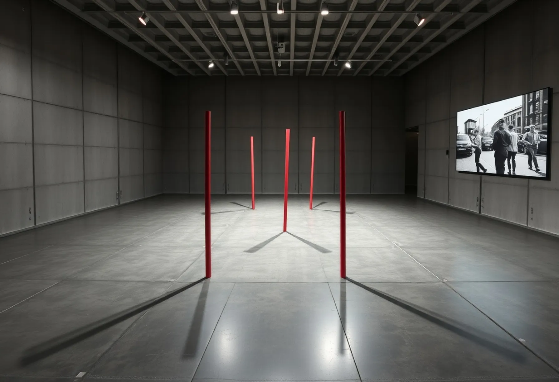Kunstausstellung: "Vergänglichkeit und Wandel" – Installation mit Stahlpfeilern, Tonplatten und urbanen Fotos der 1980er Jahre in Berlin