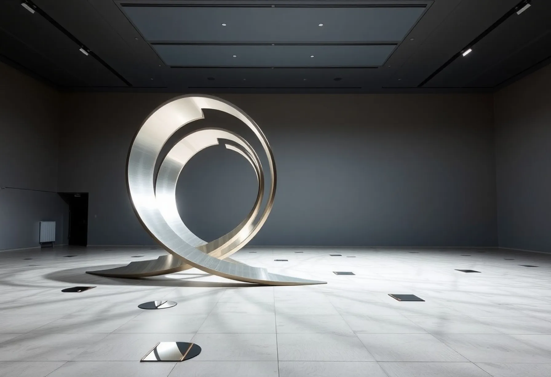 Monumentale Stahlinstallation: Dreidimensionale Möbiusschleife aus ineinander verschlungenen Spiralen mit Licht- und Schattenreflexionen