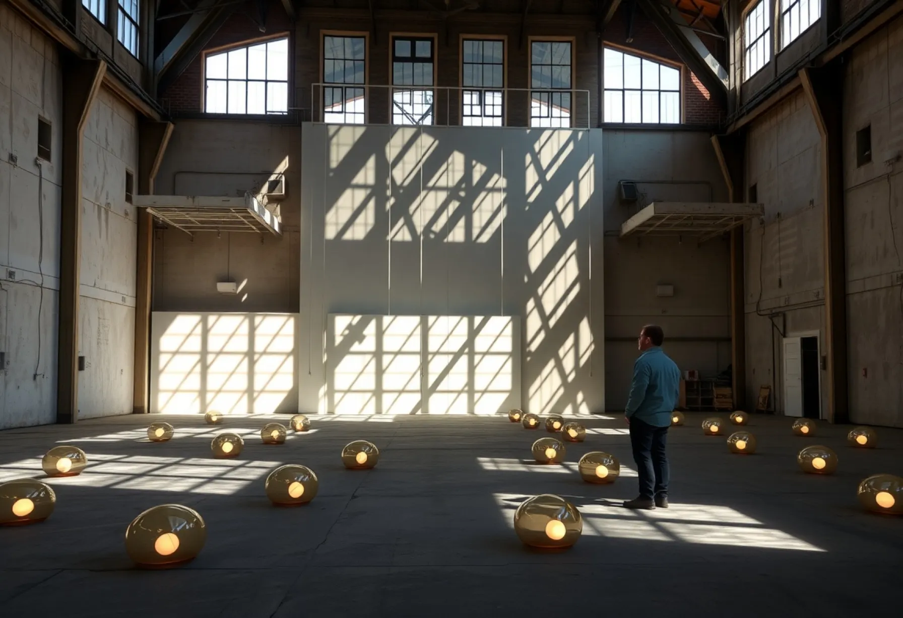 Skulpturale Installation aus Stahl und Glas mit Lichteffekten in einer Industriehalle