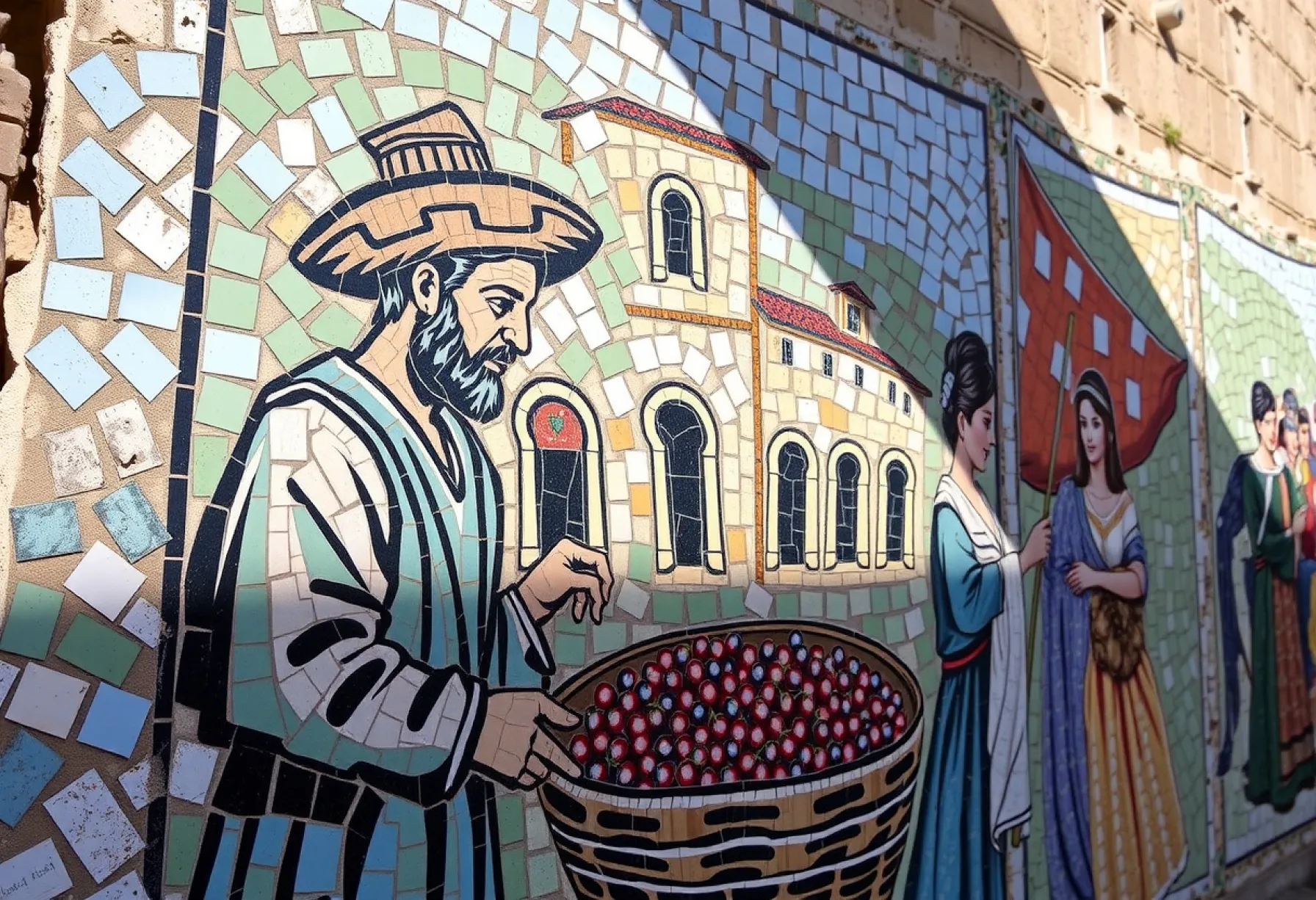 Darstellung eines antiken römischen Marktes in einem Mosaik in Ravenna, Italien